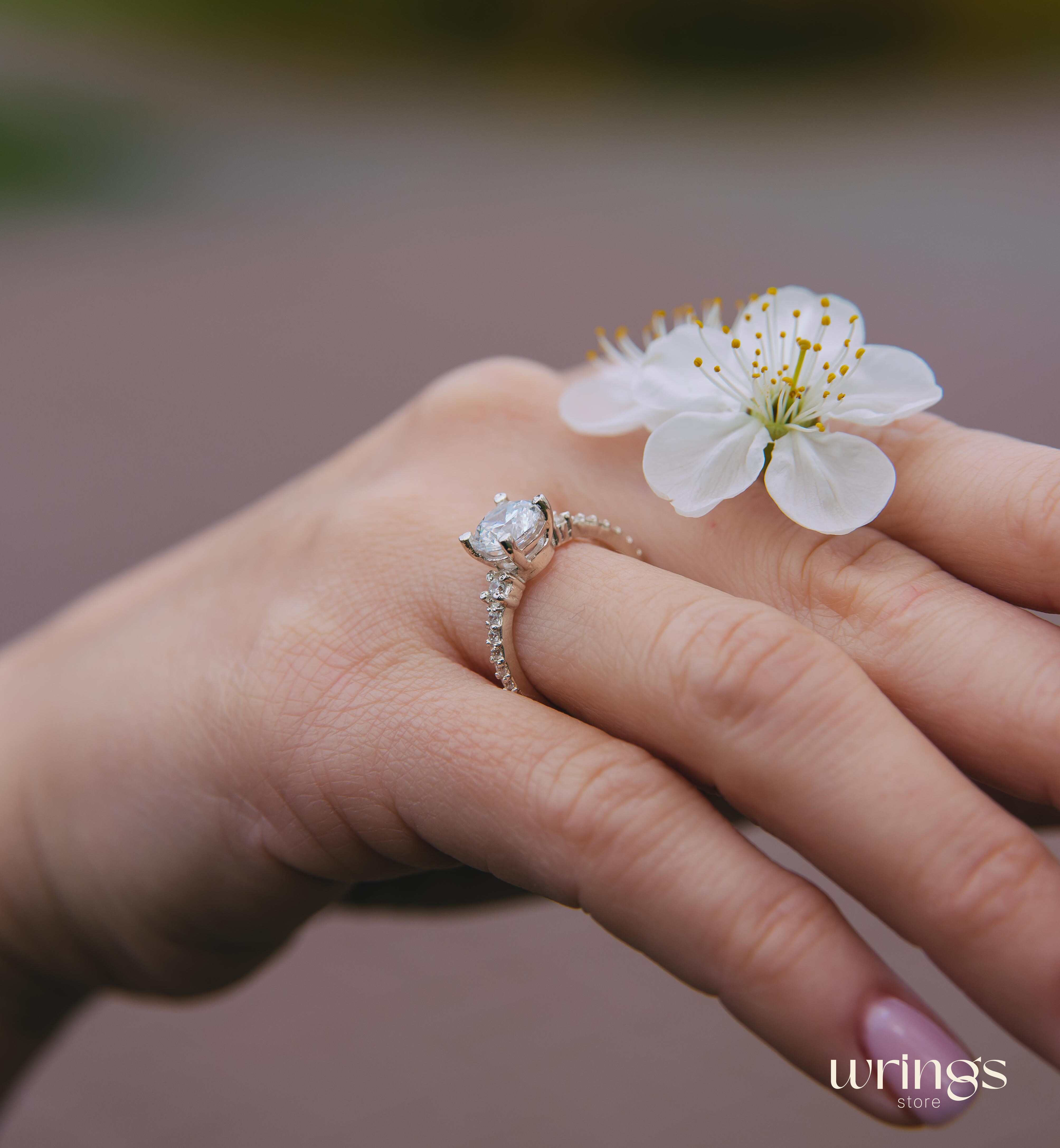 White Three Stone Engagement Ring Multi Gem Band Silver