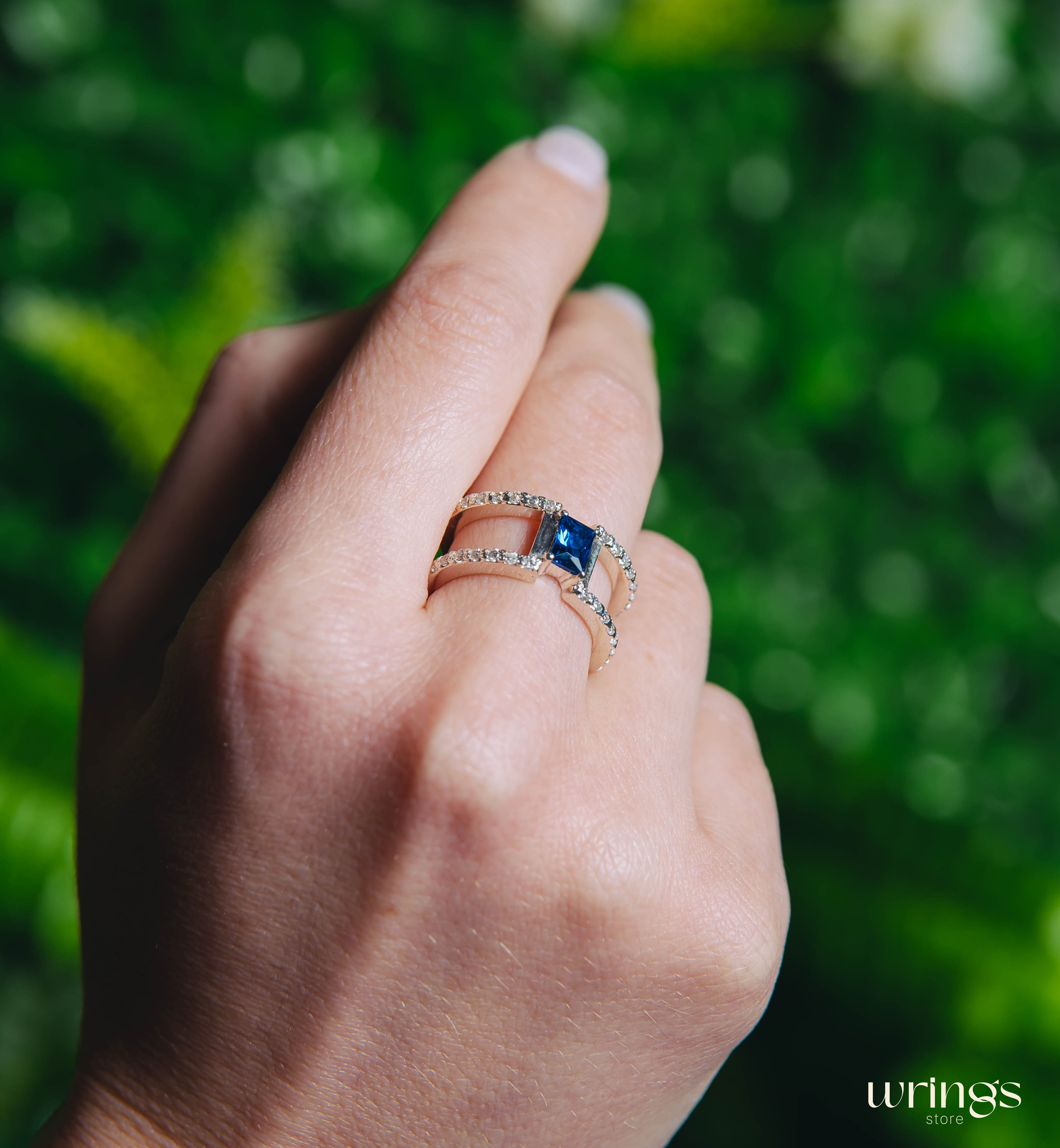 Octagon Cut Blue Topaz Double Engagement Ring Diamonds