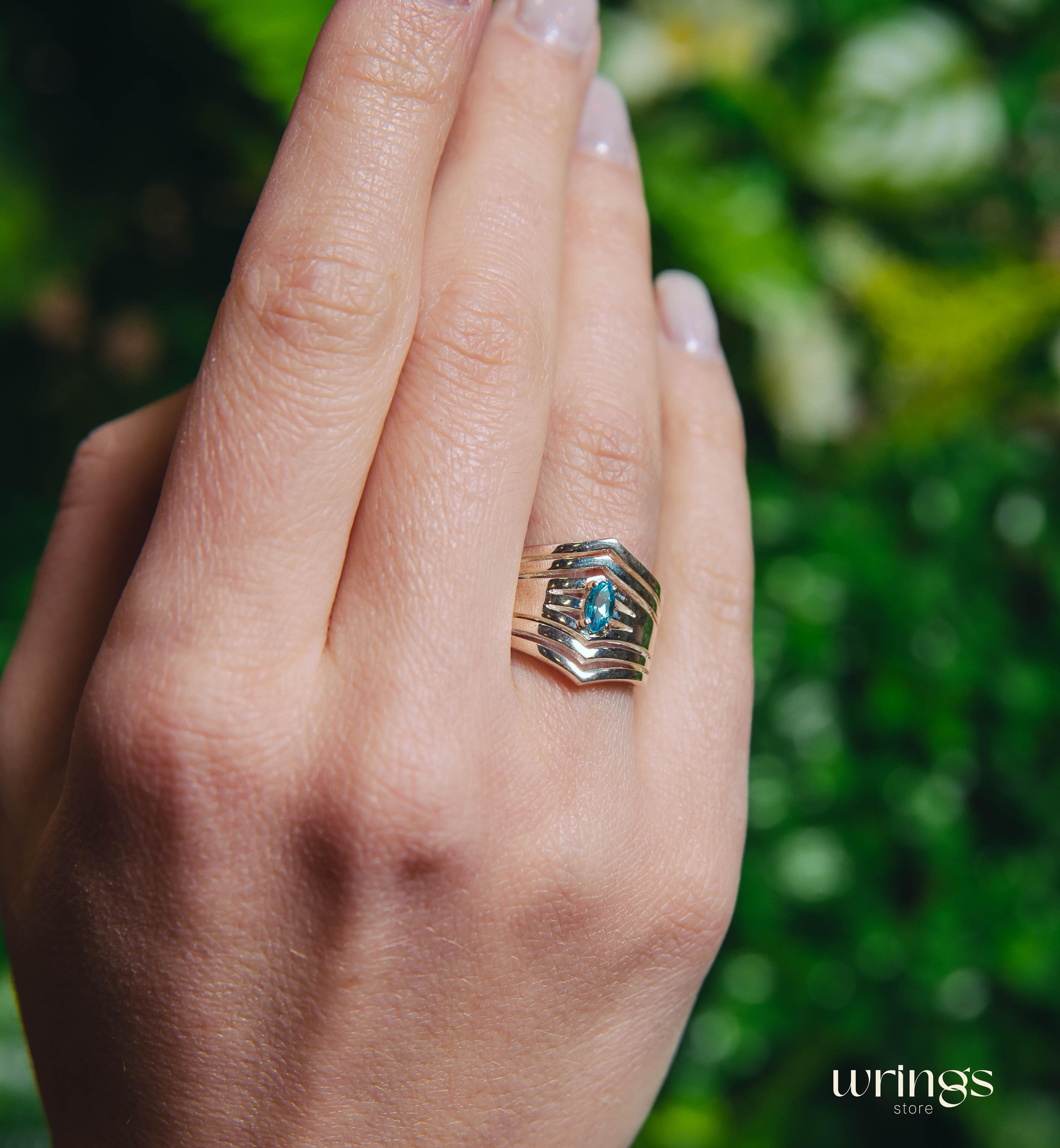 Extra Wide Cocktail Ring Dome Double Chevron with Topaz