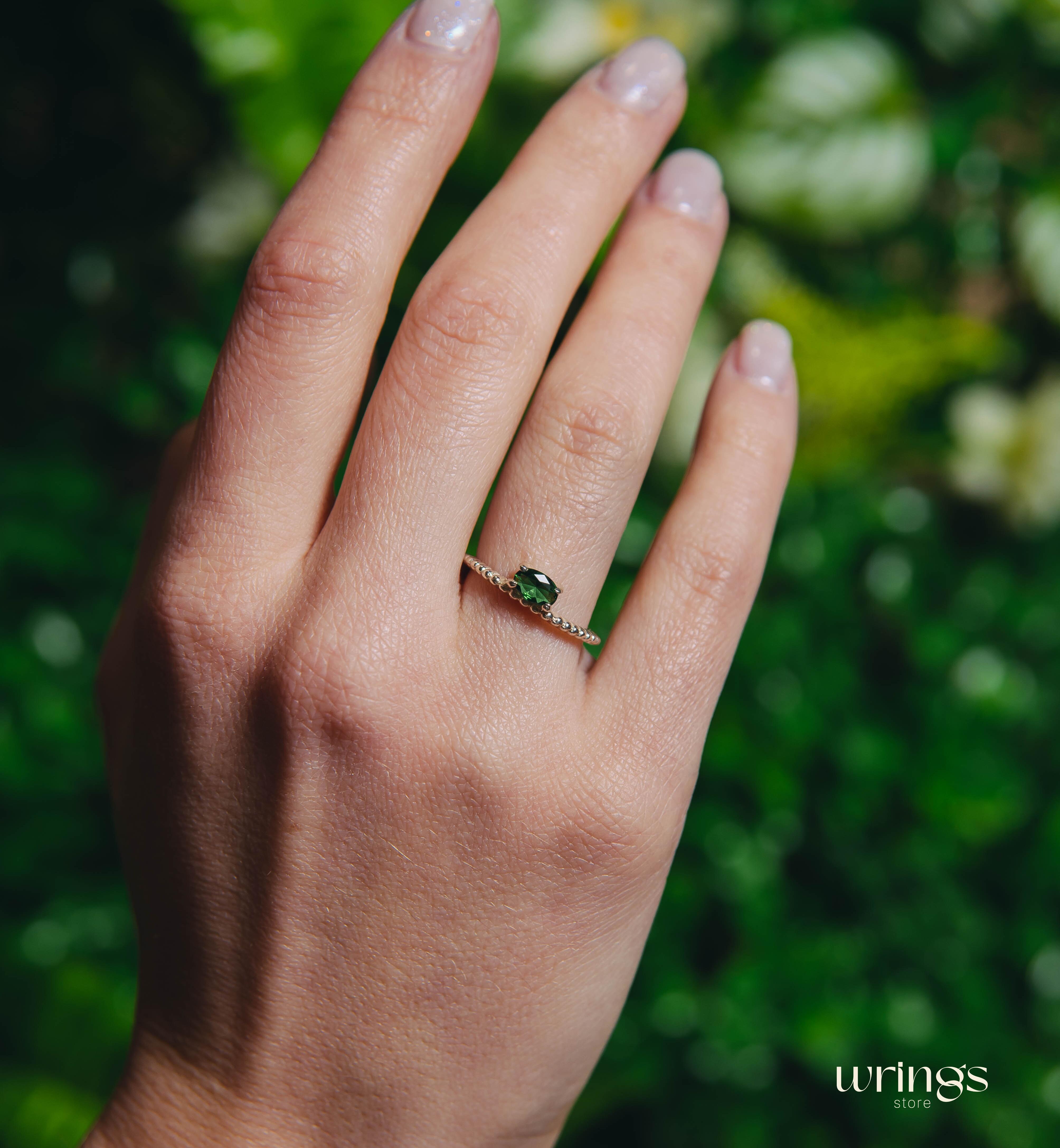 Thin Silver Beaded Engagement Ring with Green Tourmaline