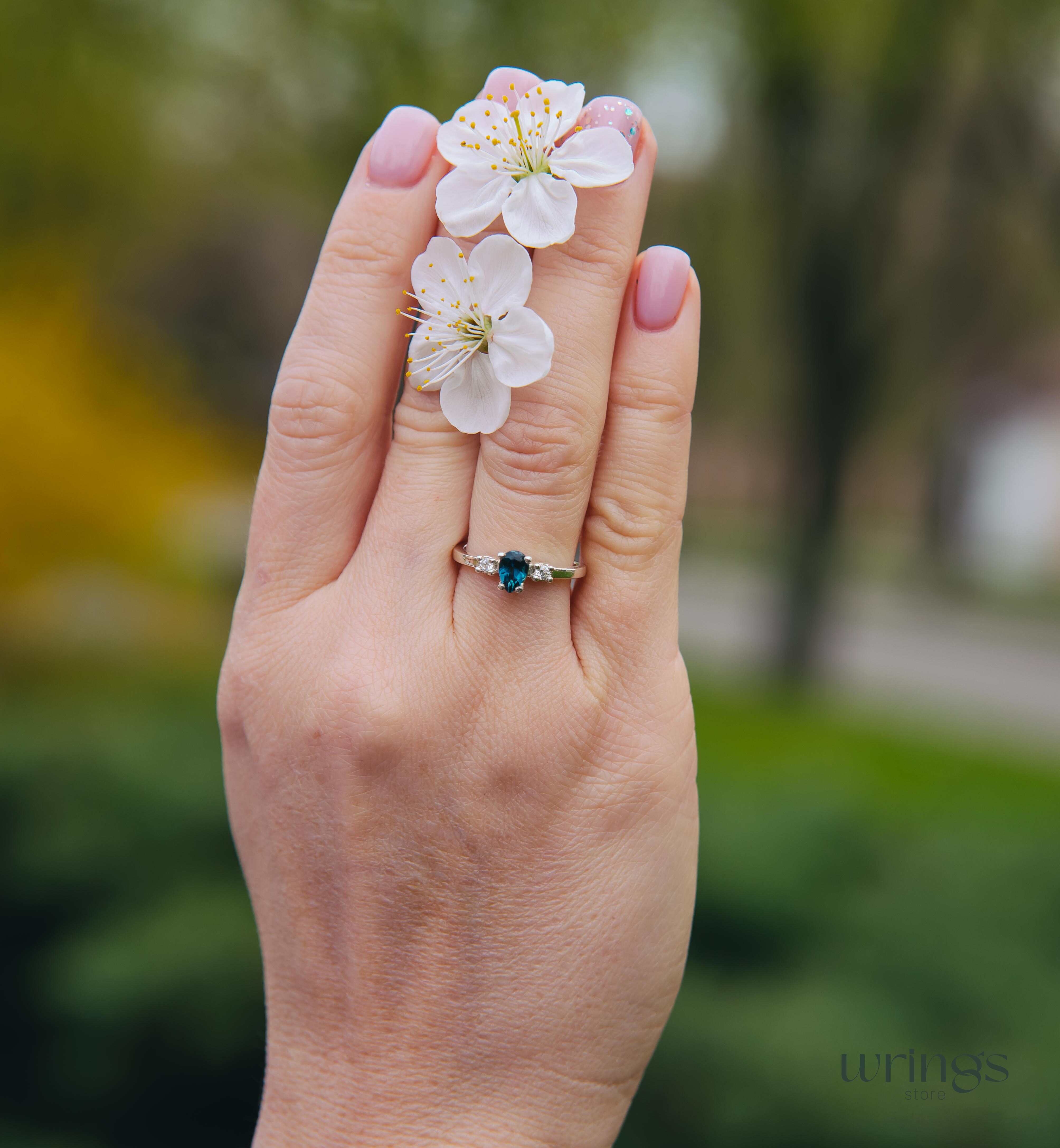 Central Pear London Blue Topaz 3 Stone Engagement Ring