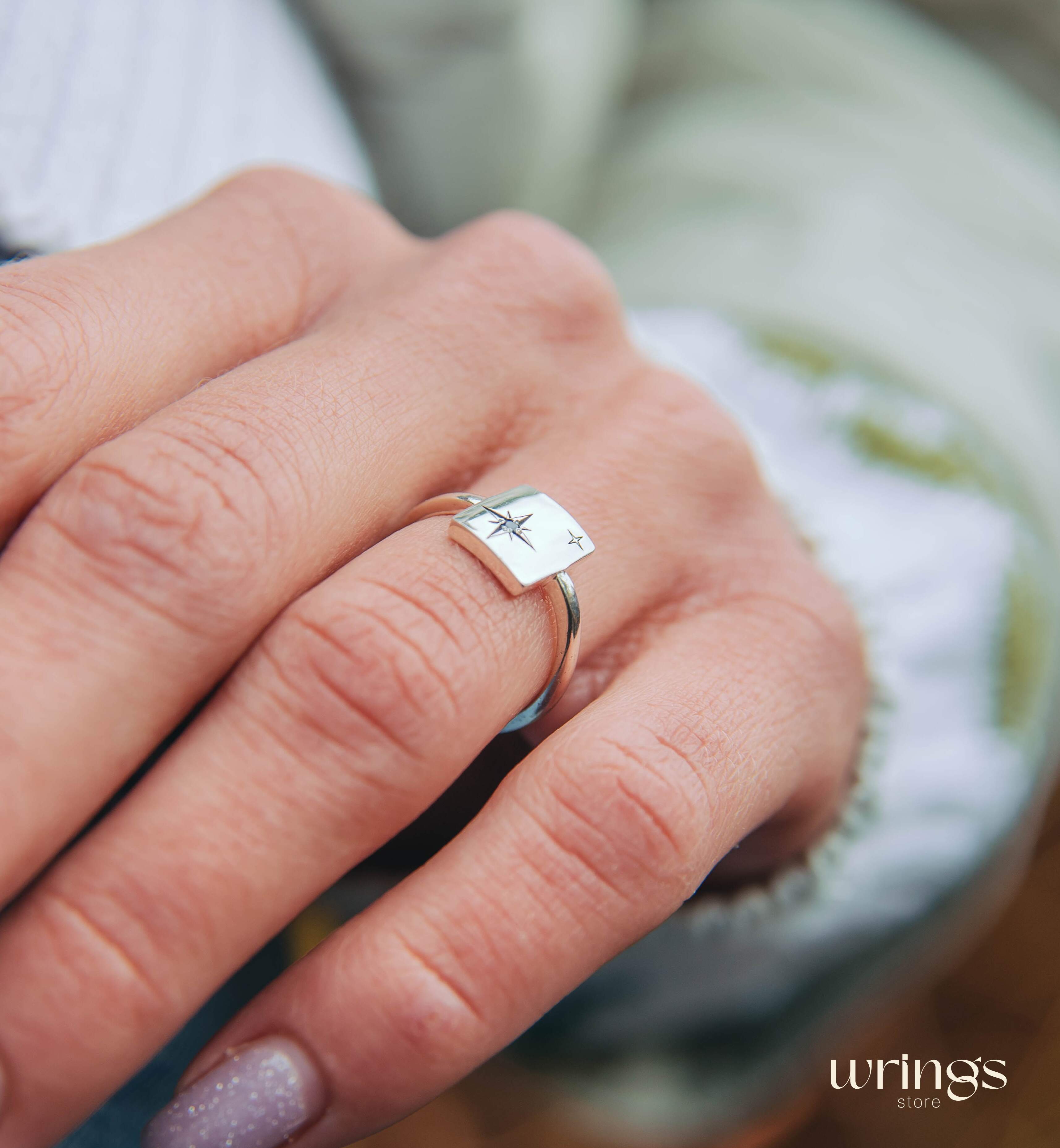 Engraved Stars Silver Signet Ring Sapphire and Thin Band