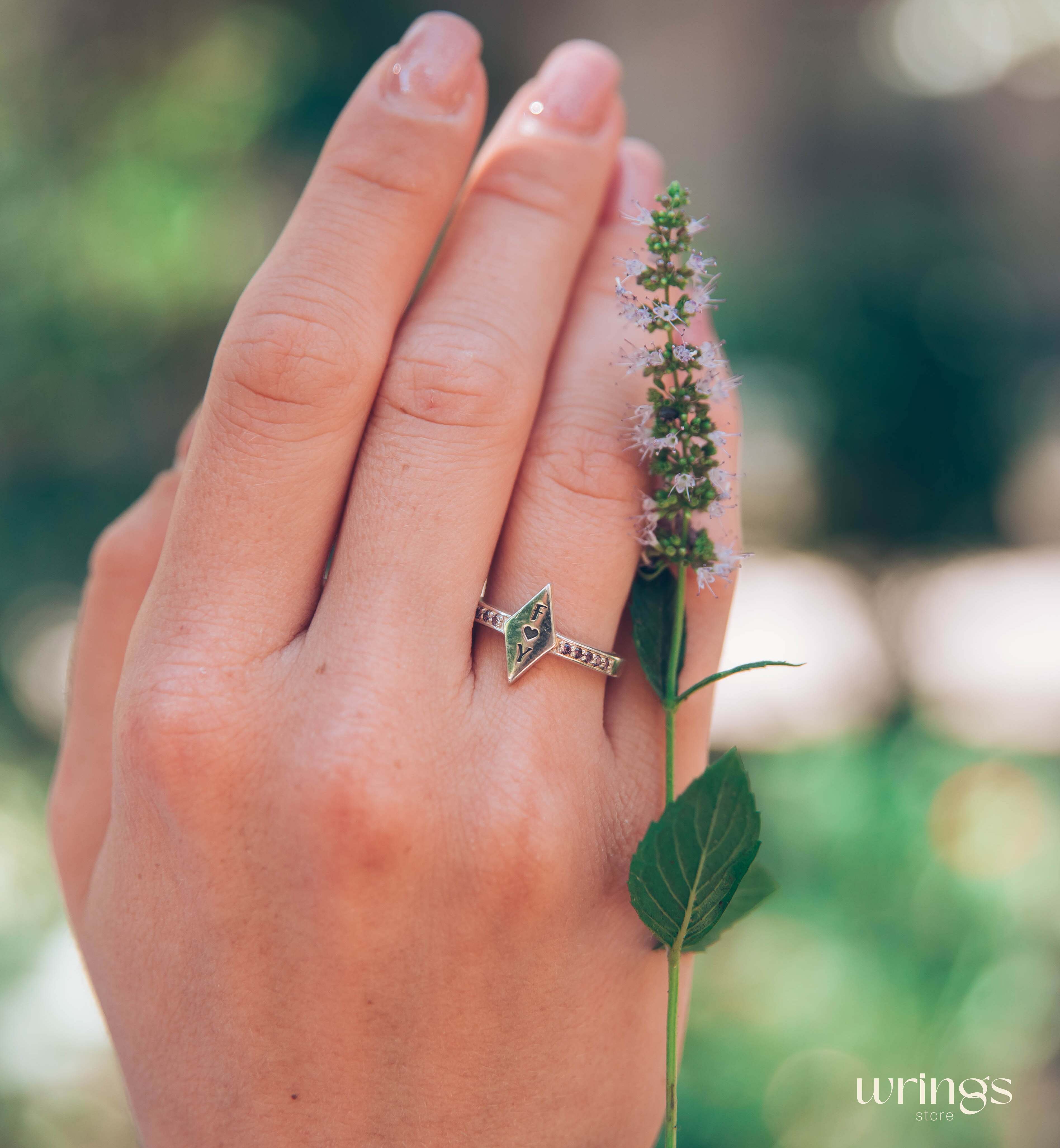 Personalized Promise Ring - Rhombus Head, Amethysts & Letters