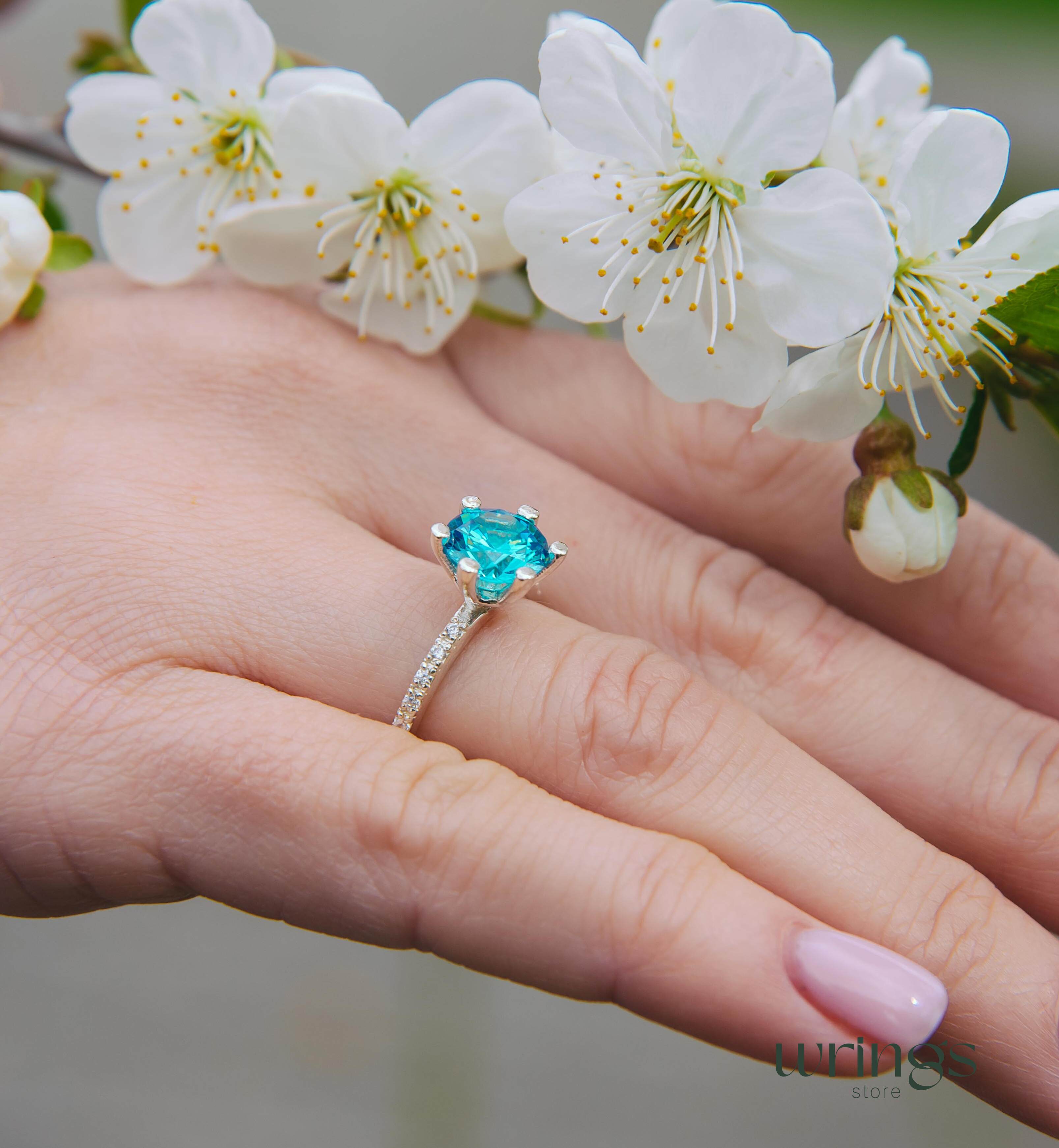 Large Round Swiss Blue Topaz Engagement Ring & Side CZ