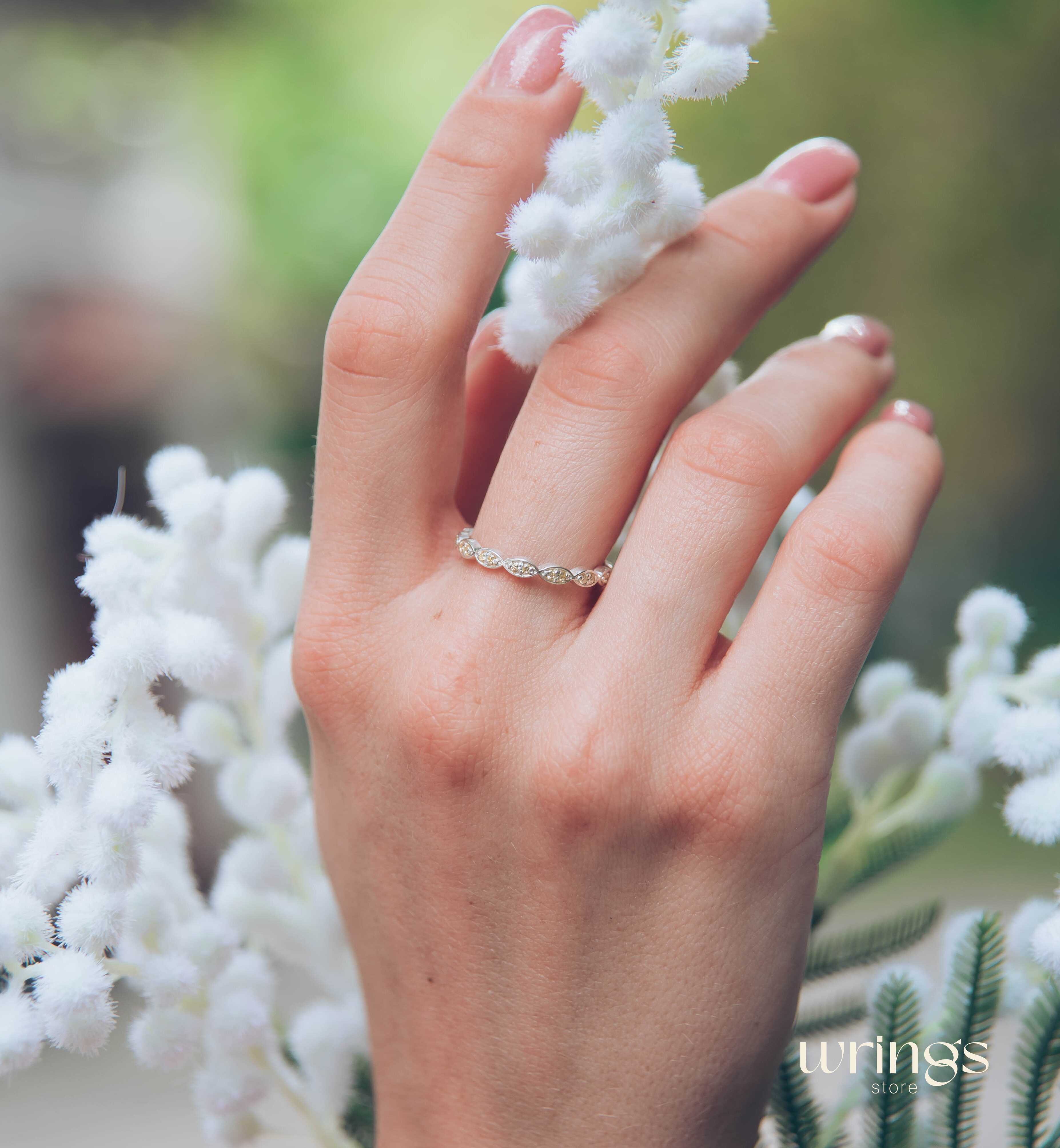 Silver Beaded Band Multiple Yellow Citrine Promise Ring