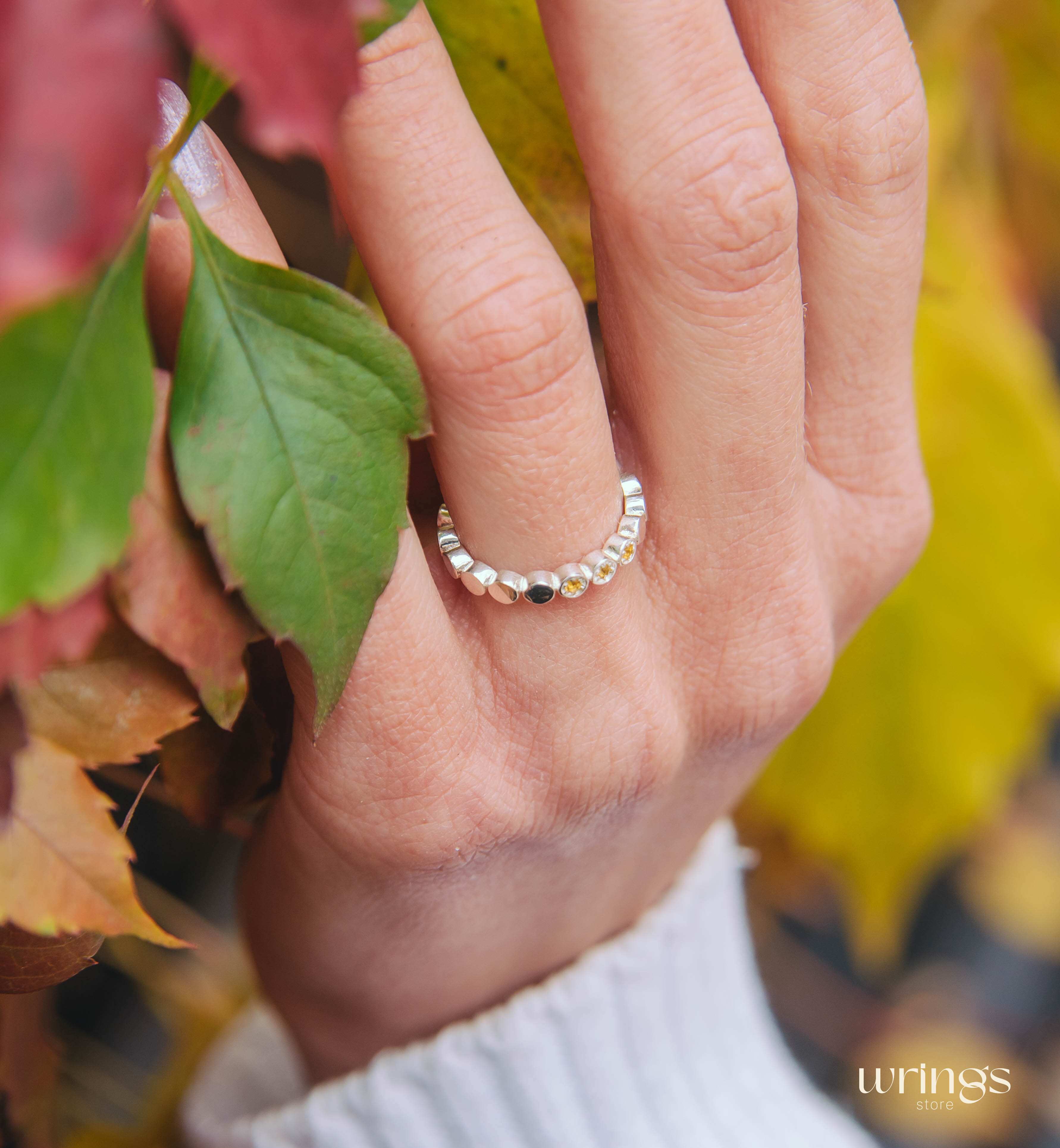 Three Citrines Eternity Style Silver Beaded Band