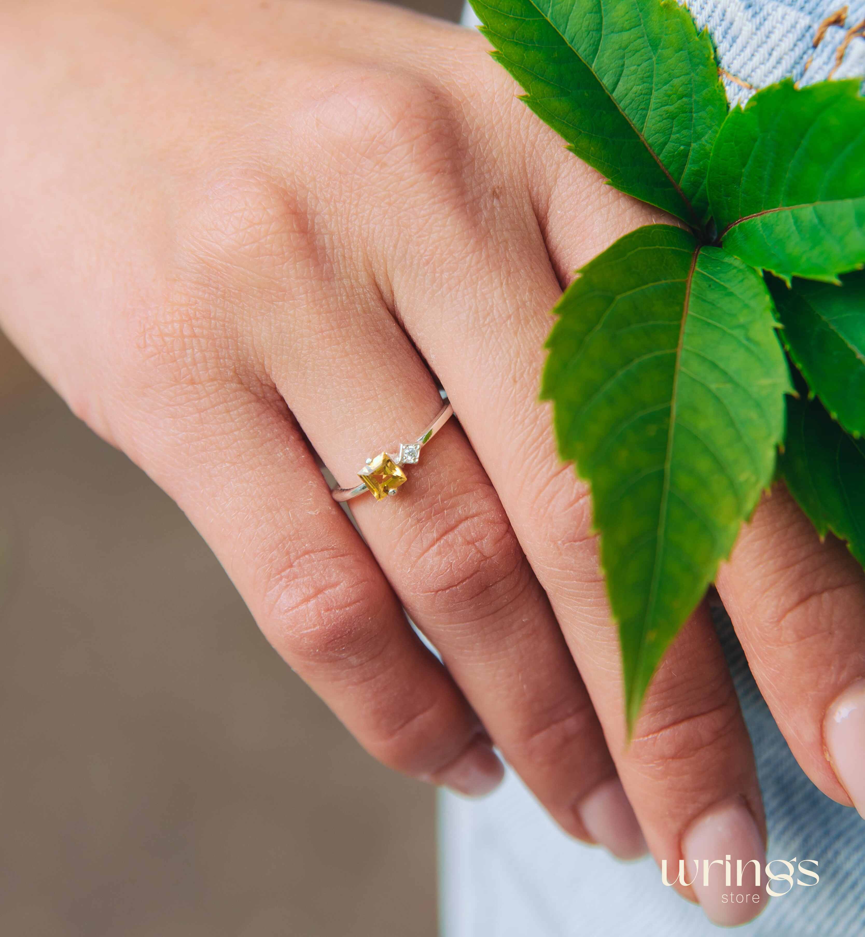 Square Citrine Silver Ring & Side White Stone