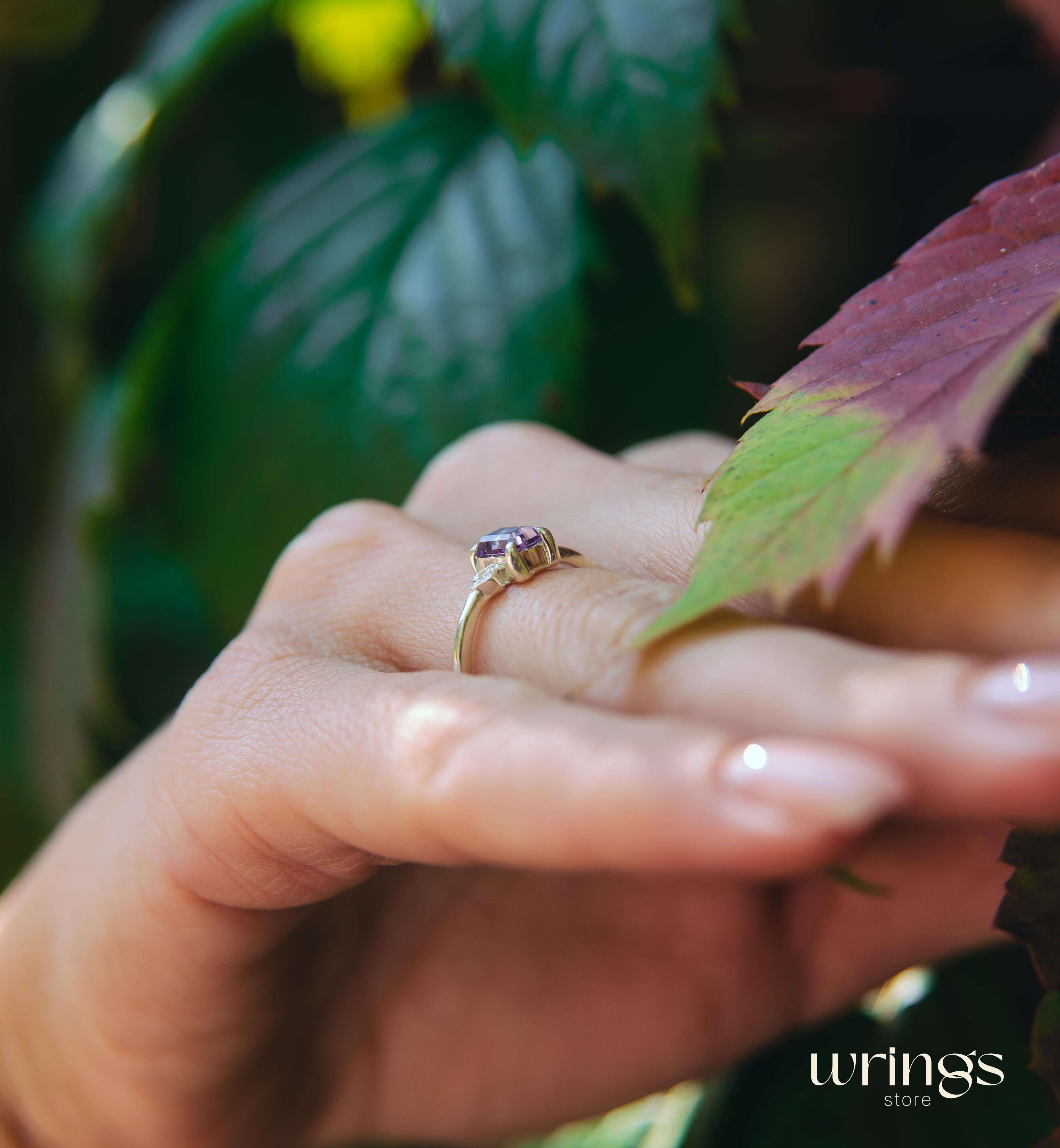 Central Octagon Amethyst Side Stone Engagement Ring Silver