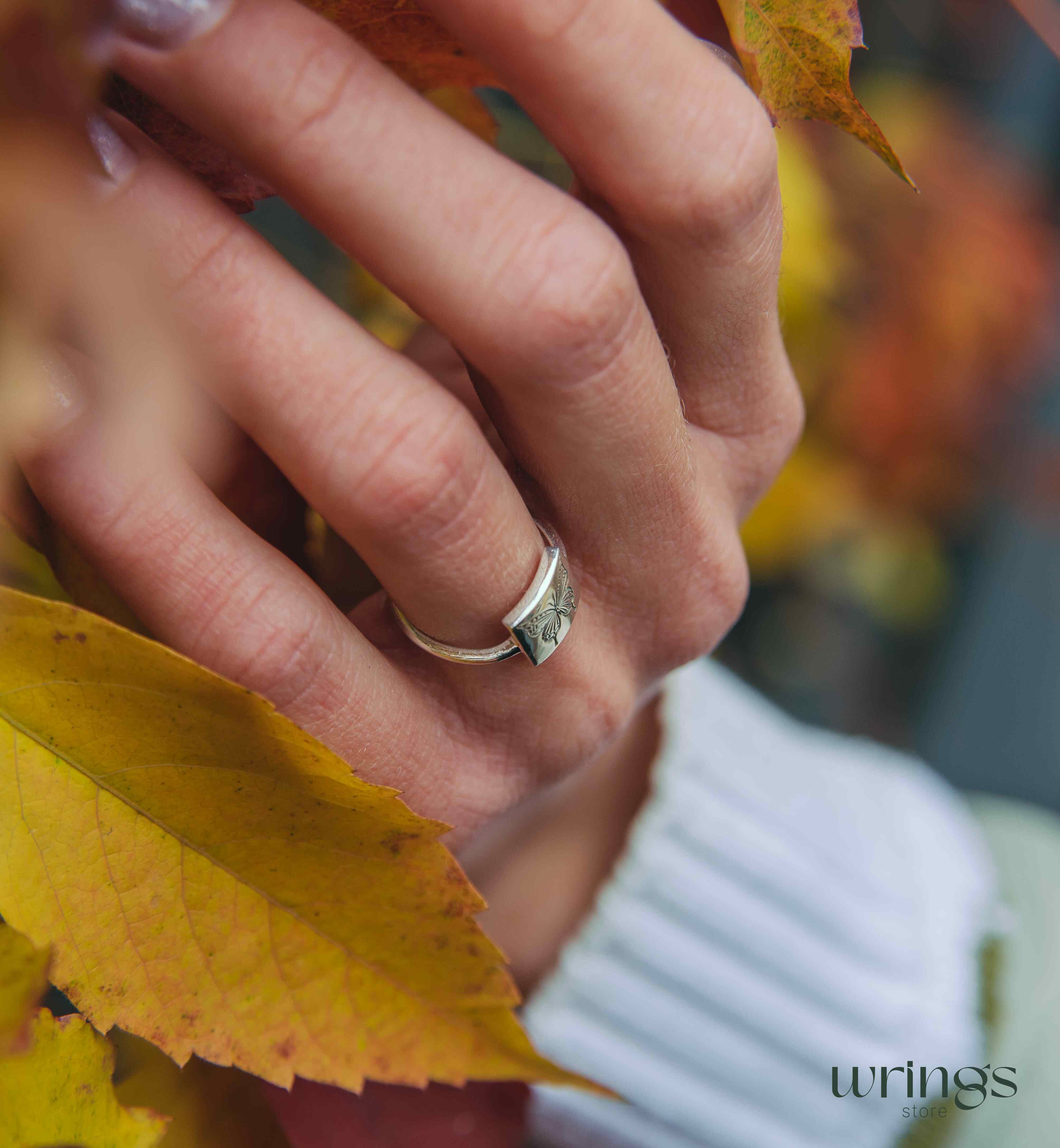 Engraved Monarch Butterfly Silver Square Signet Ring