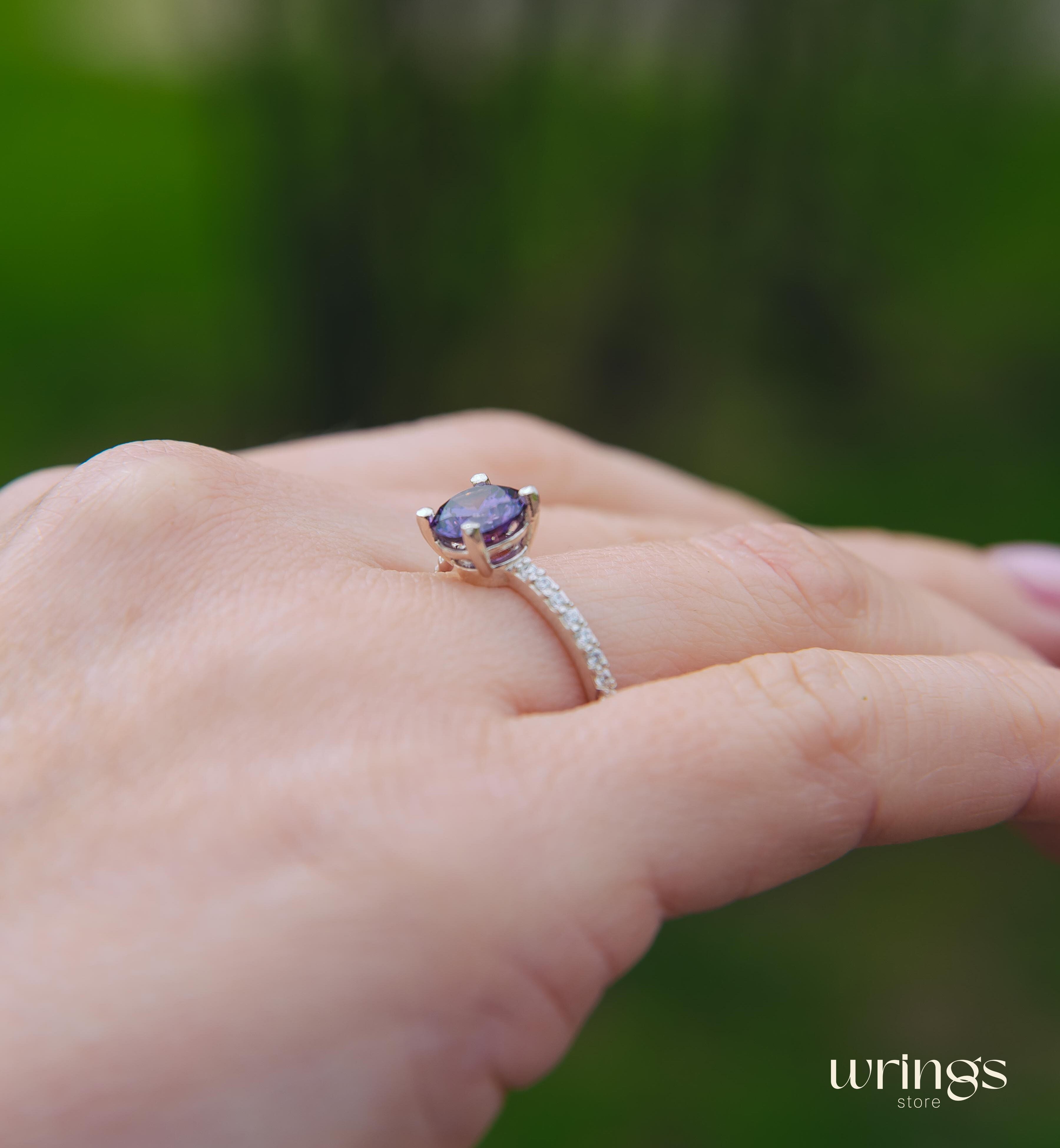 Amethyst Engagement Ring Silver with White Gems on Band