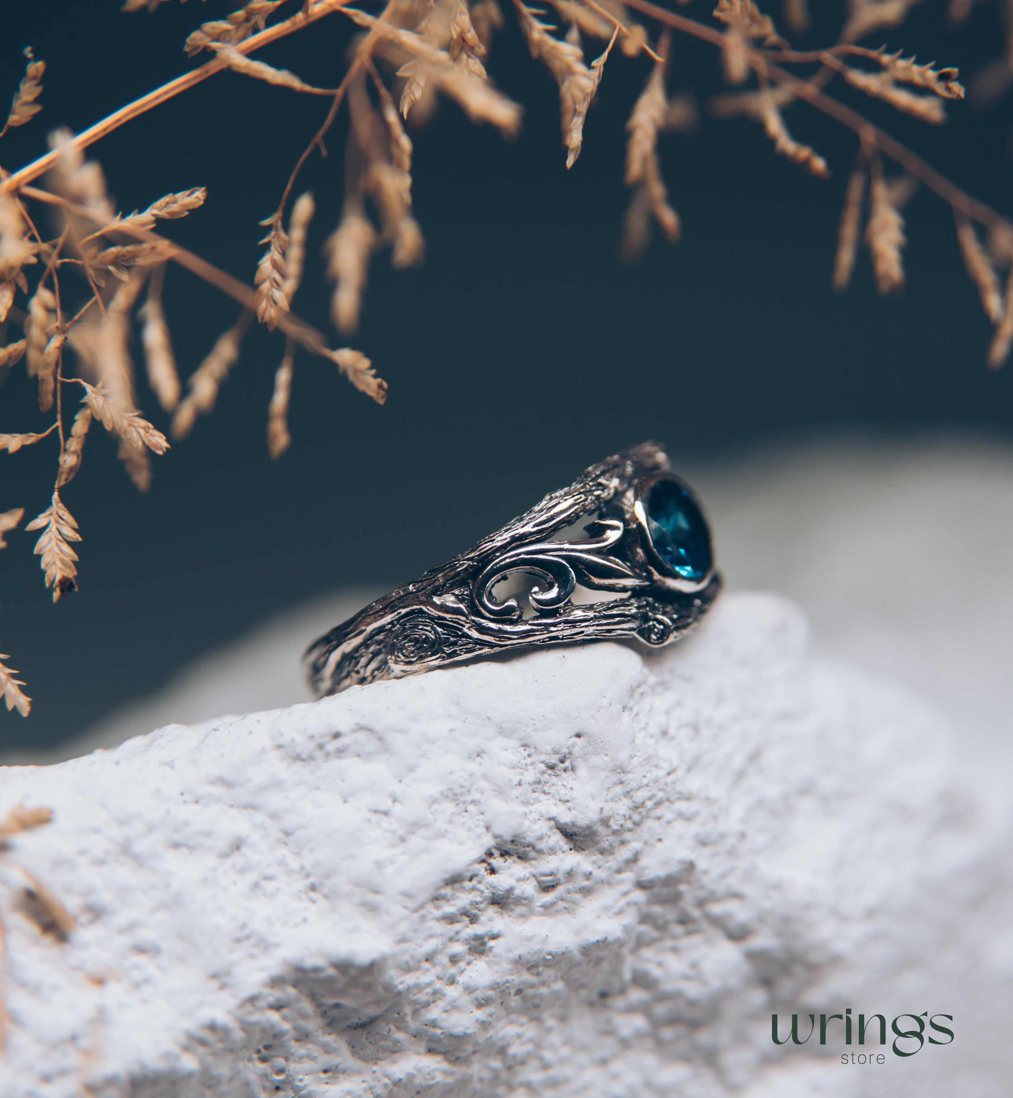 Bezel London blue Topaz with Vine and Branch Engagement Ring