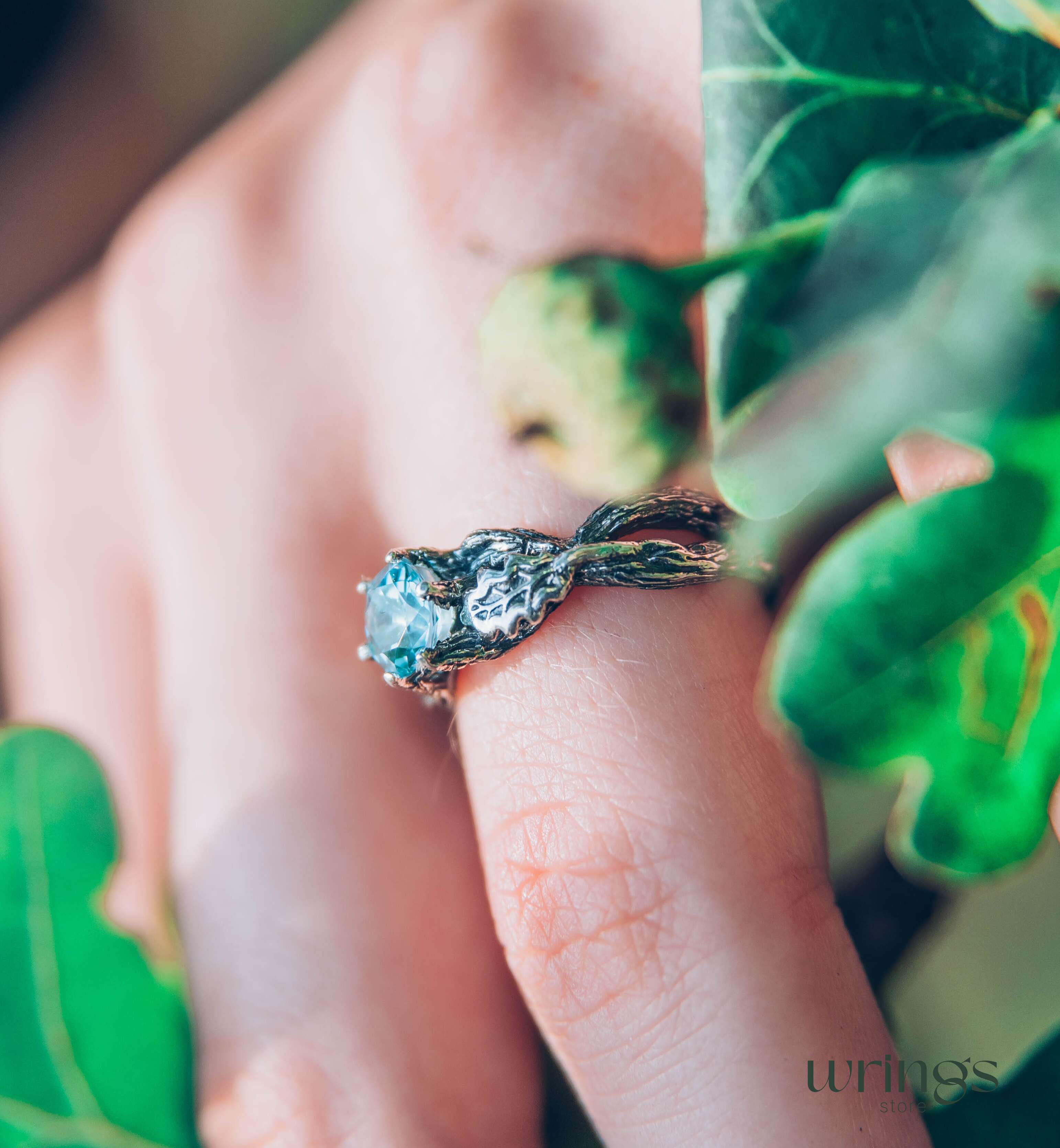 Topaz Engagement Ring — Silver Braided Branch and oak Leaves