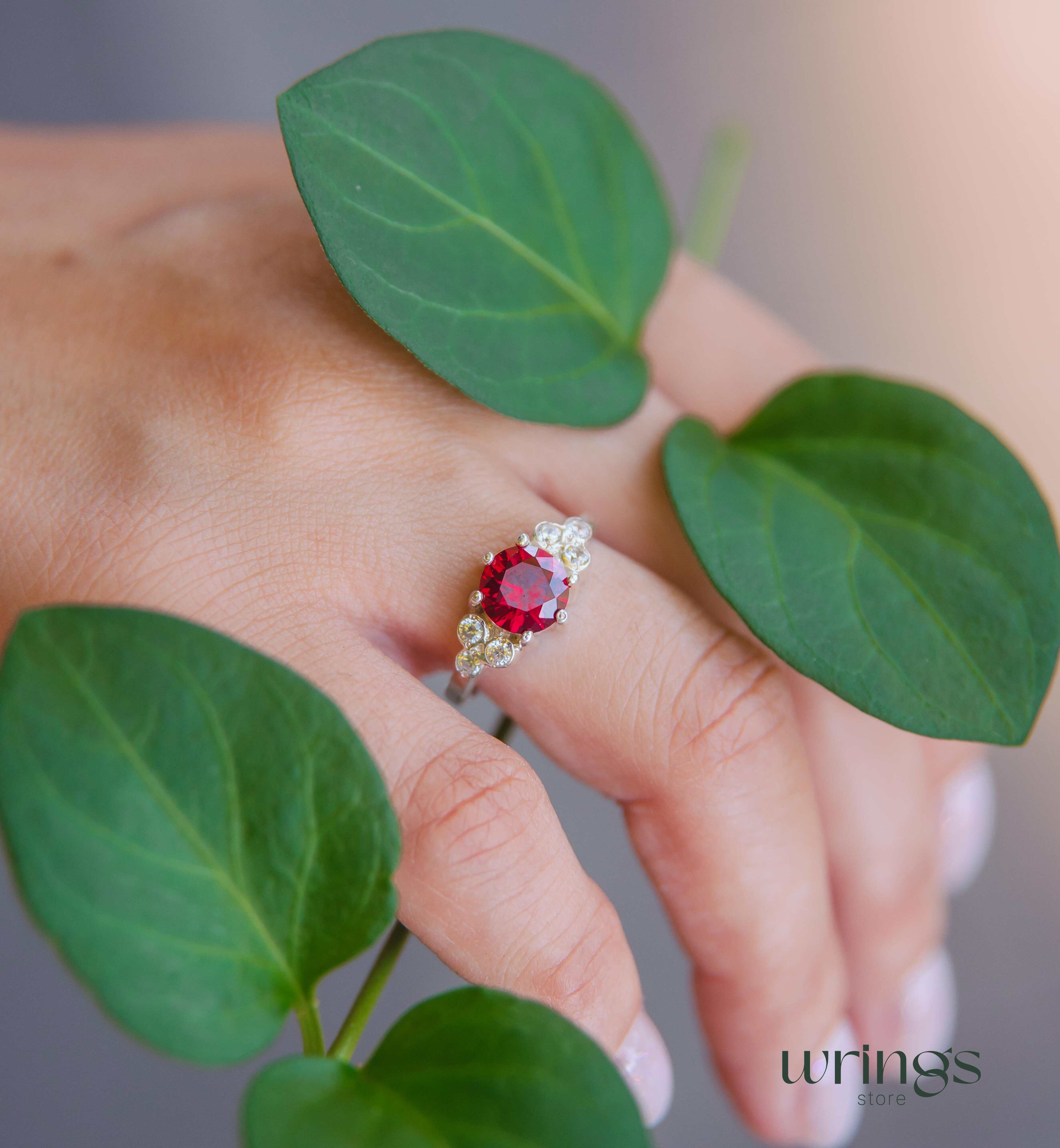 Large Red stone Statement Cluster Engagement Ring Silver