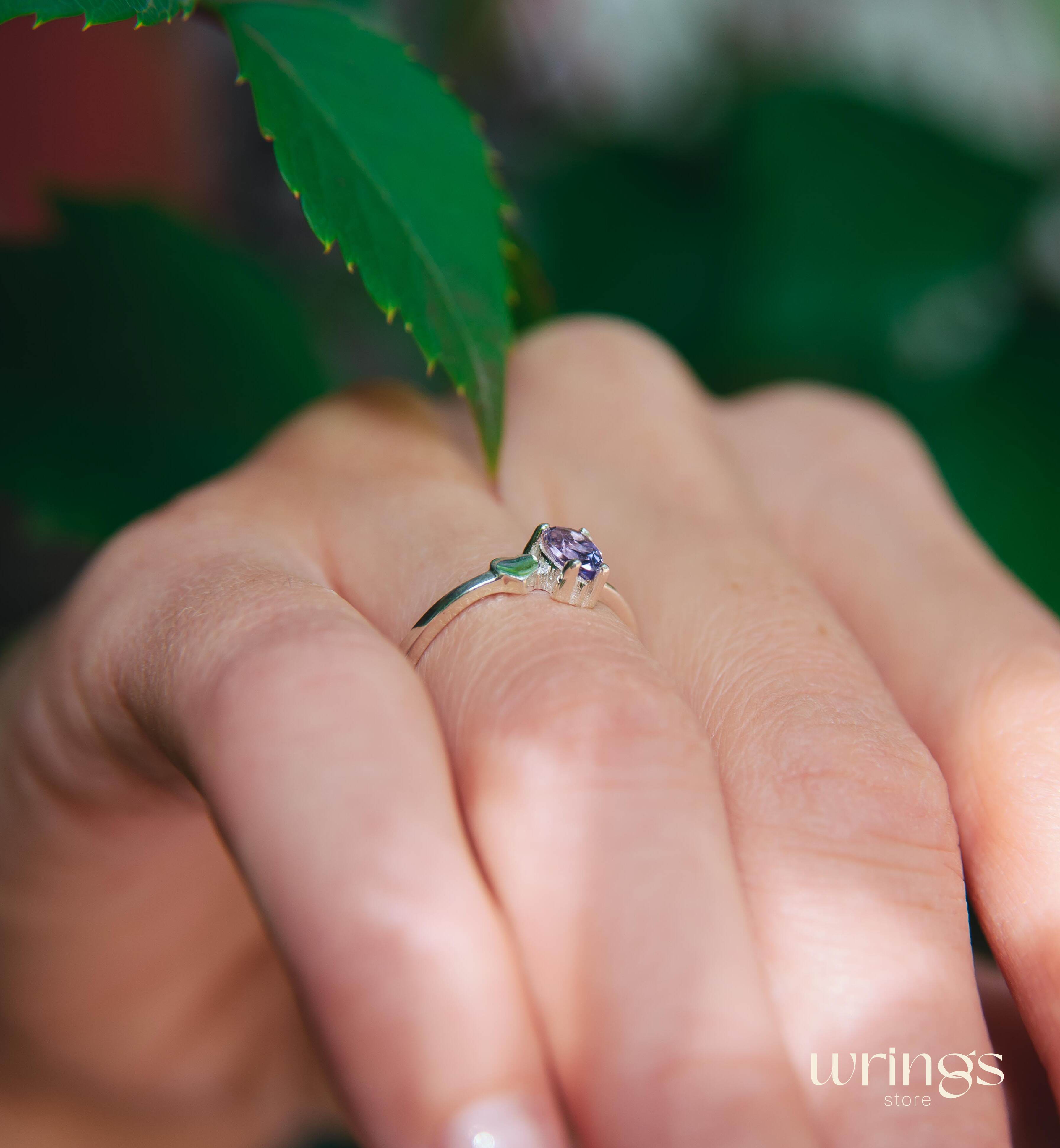 Pear Amethyst Silver Engagement Ring & Side Heart