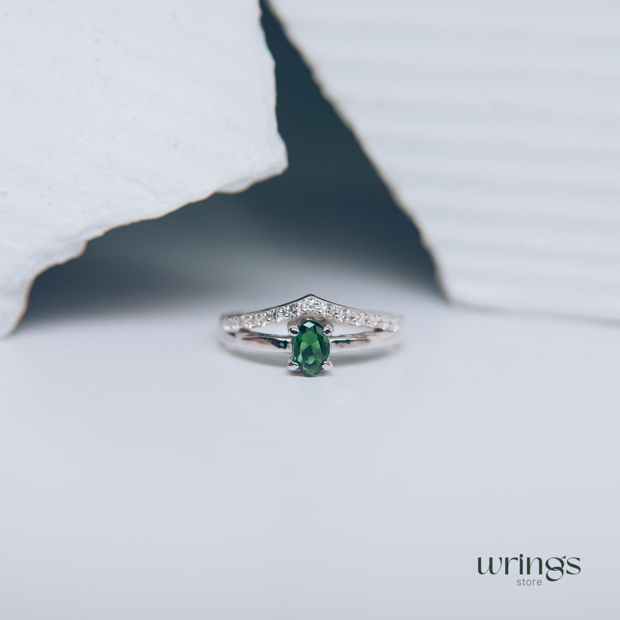 Vertical Oval Emerald V Engagement Ring Silver with CZ