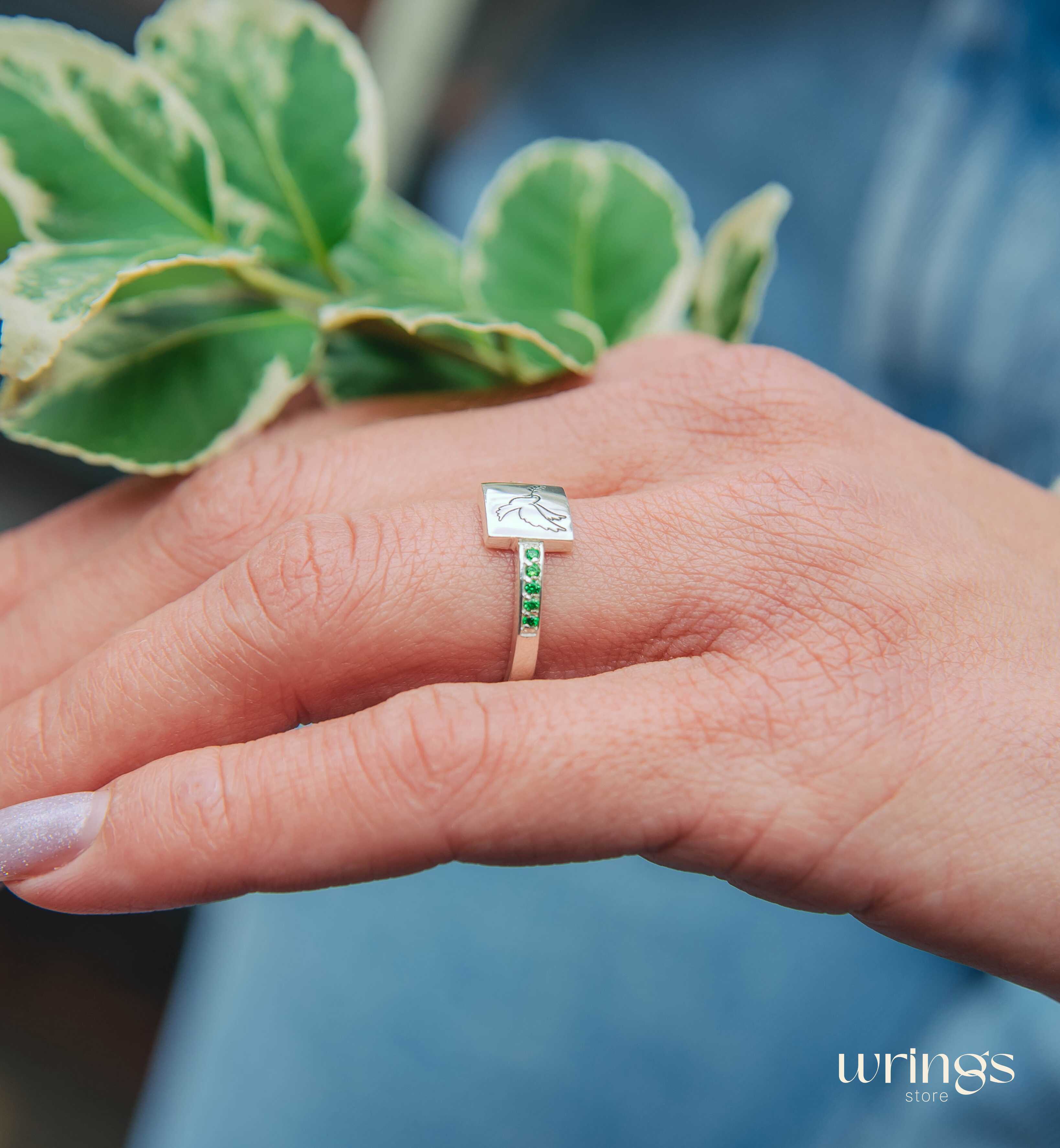 Pigeon of Peace Silver Signet Ring Side Emeralds