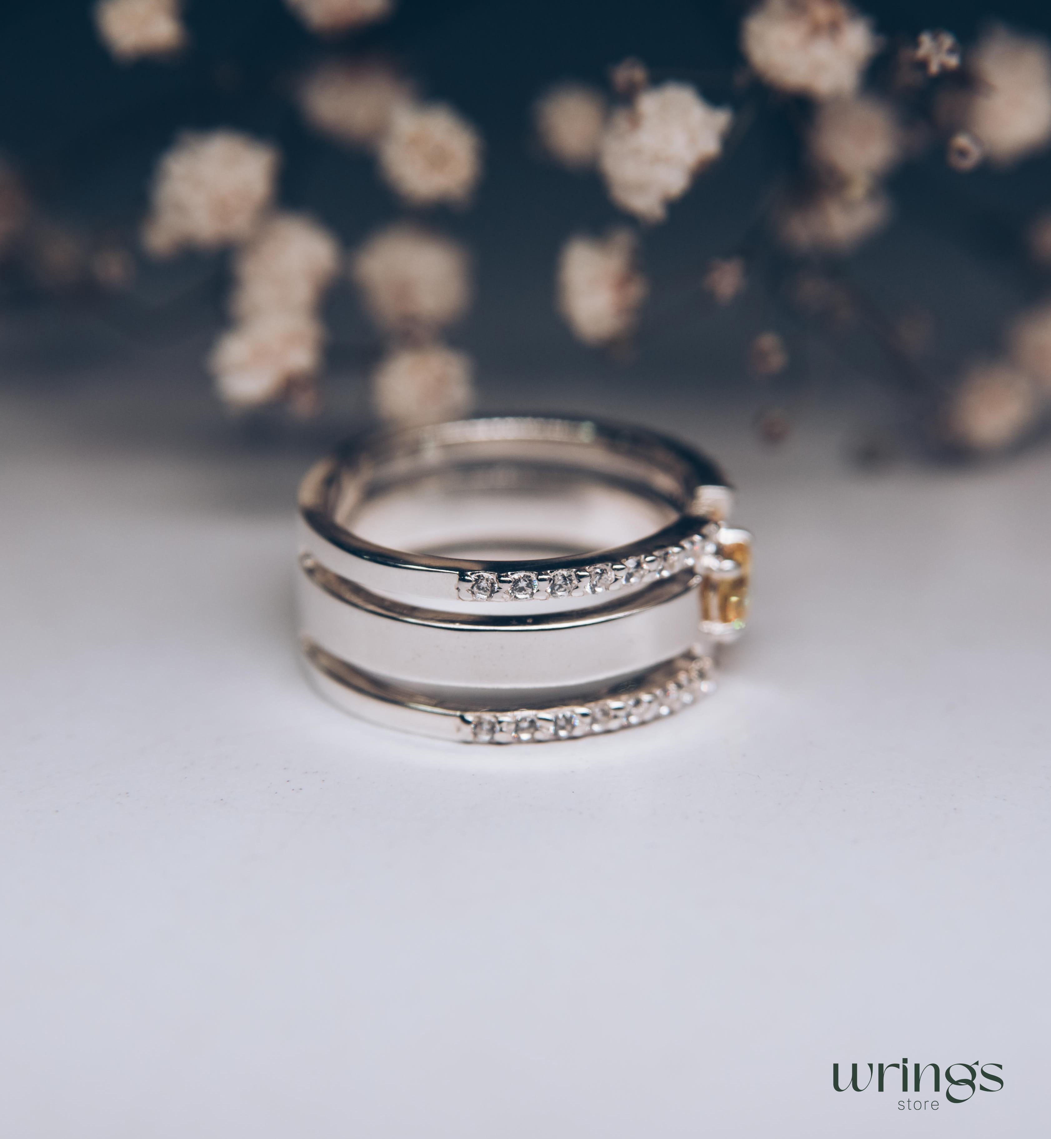 Citrine Engagement Ring Modernist Extra Wide Band Silver