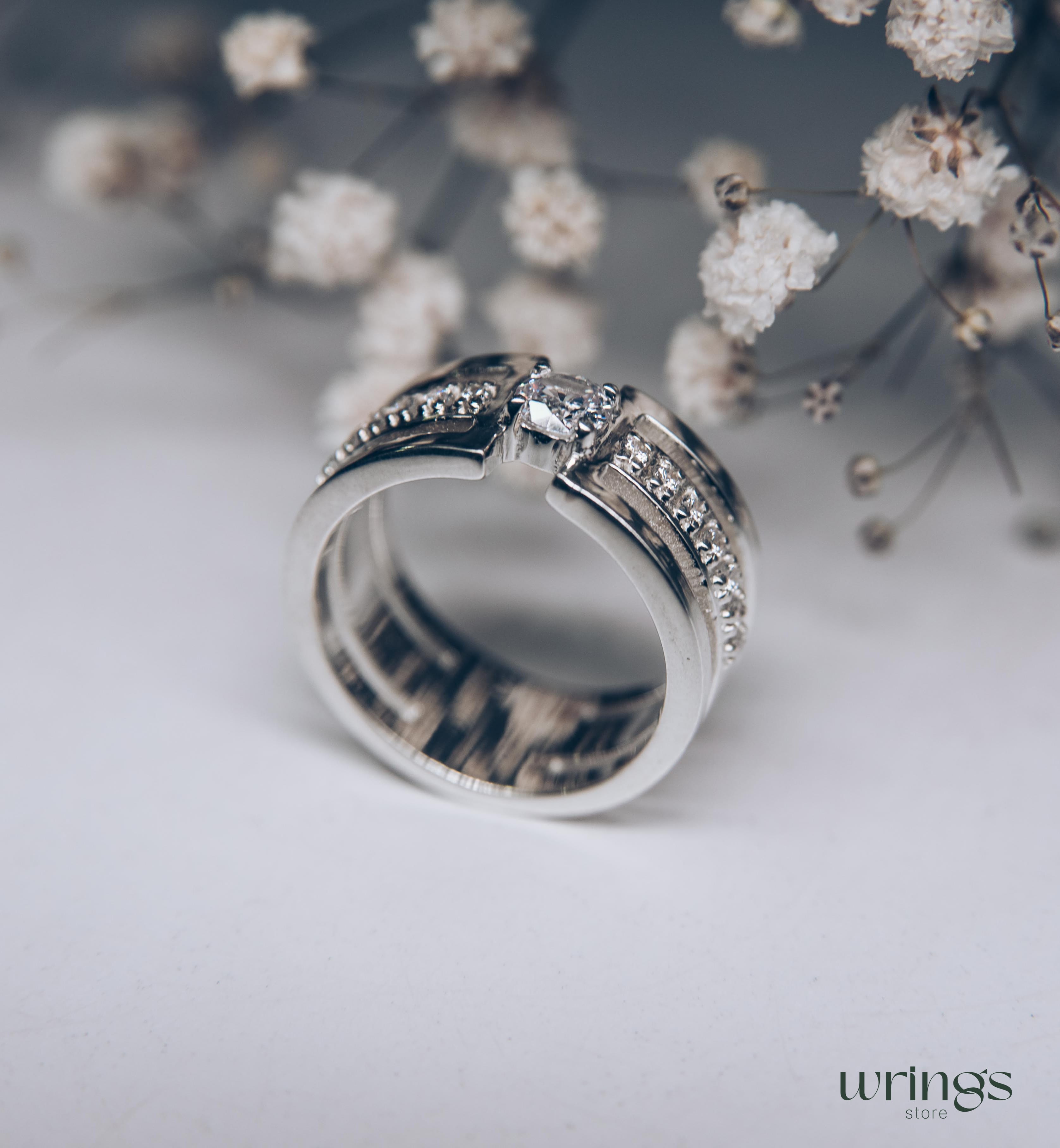 Extra Wide Silver Statement Ring CZ and Side Stones