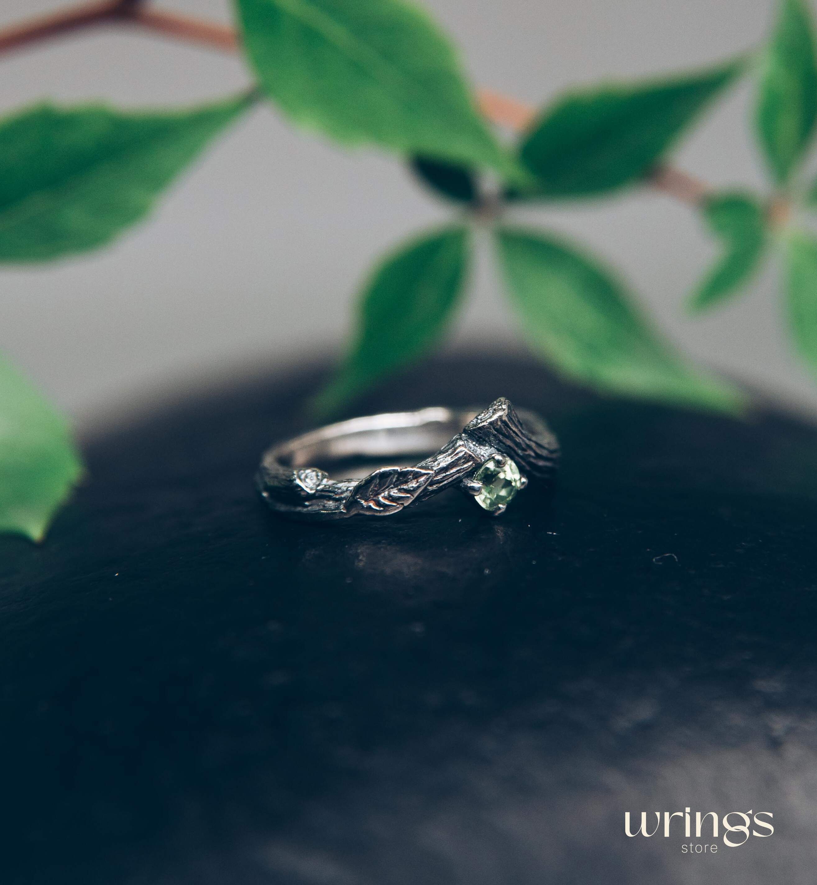 Twig Engagement Ring with Leaves — Peridot Tiny Ring