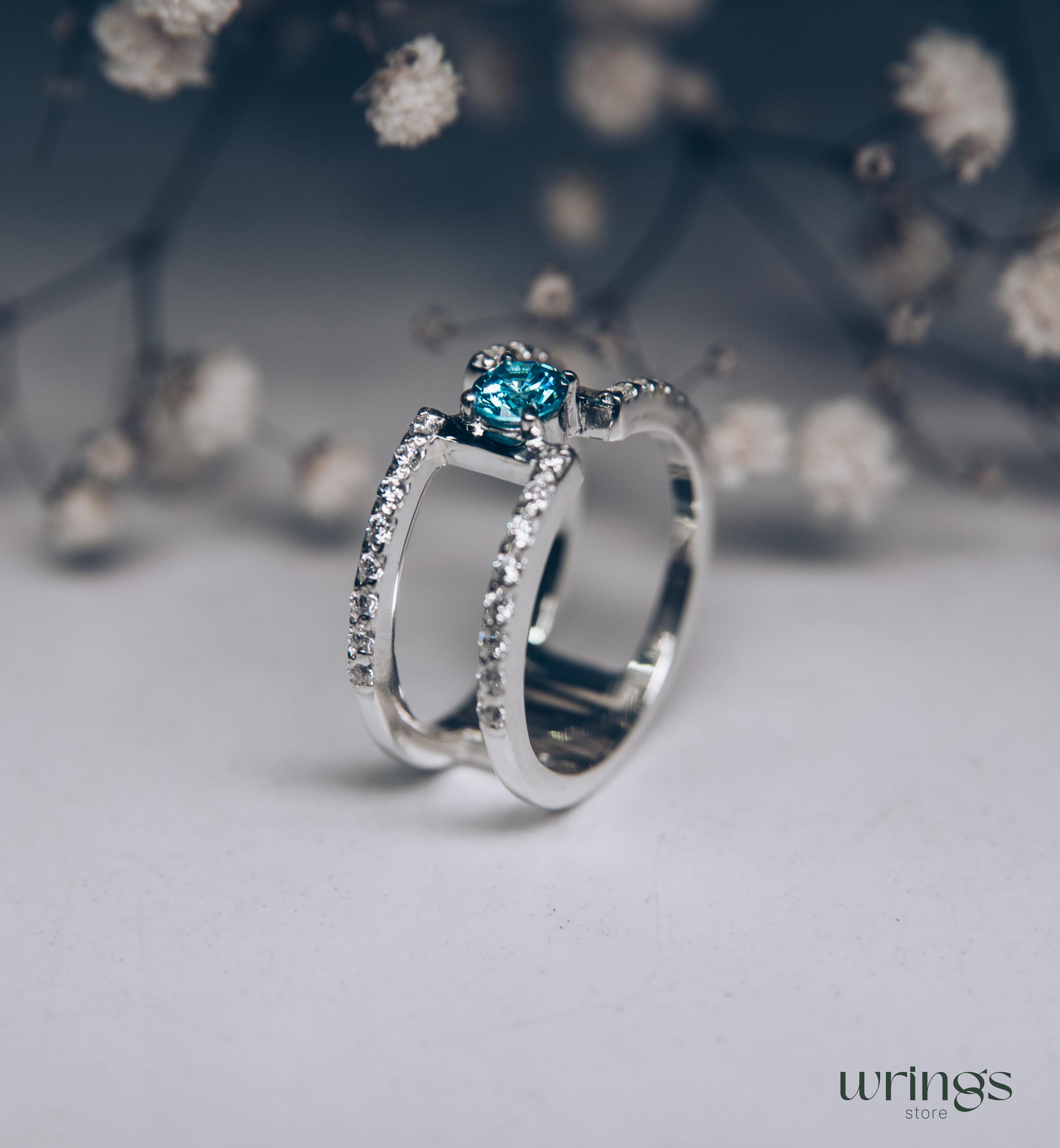 Double Band Silver Statement Ring Topaz and Diamonds