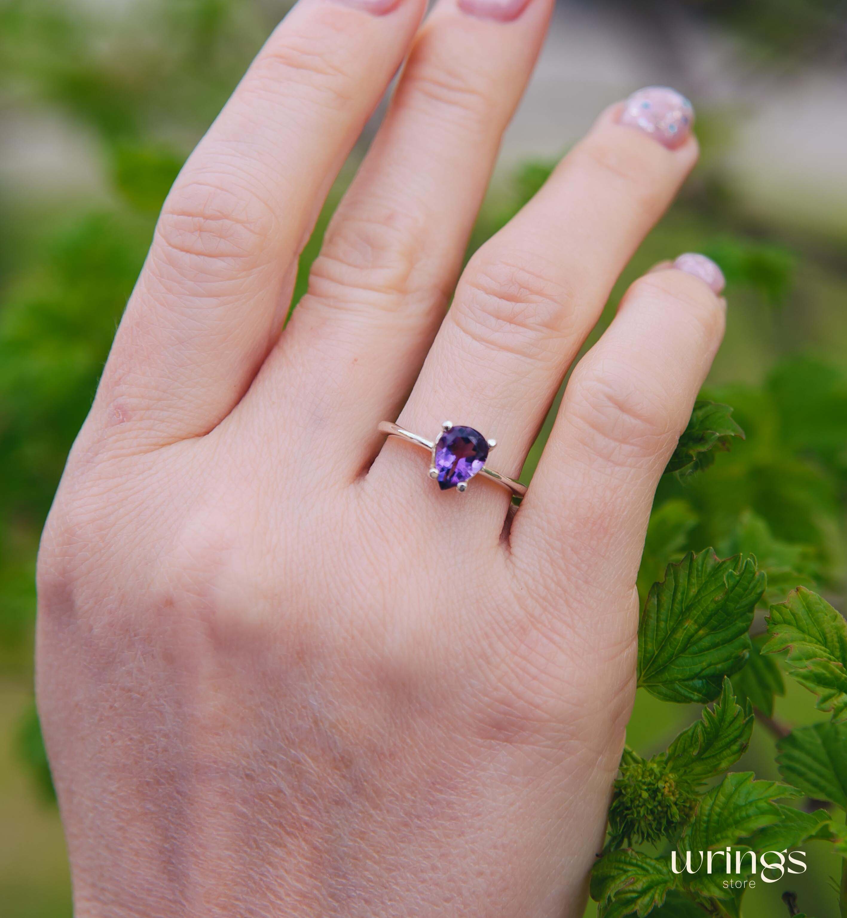 Large Pear Cut Amethyst Solitaire Engagement Ring Silver