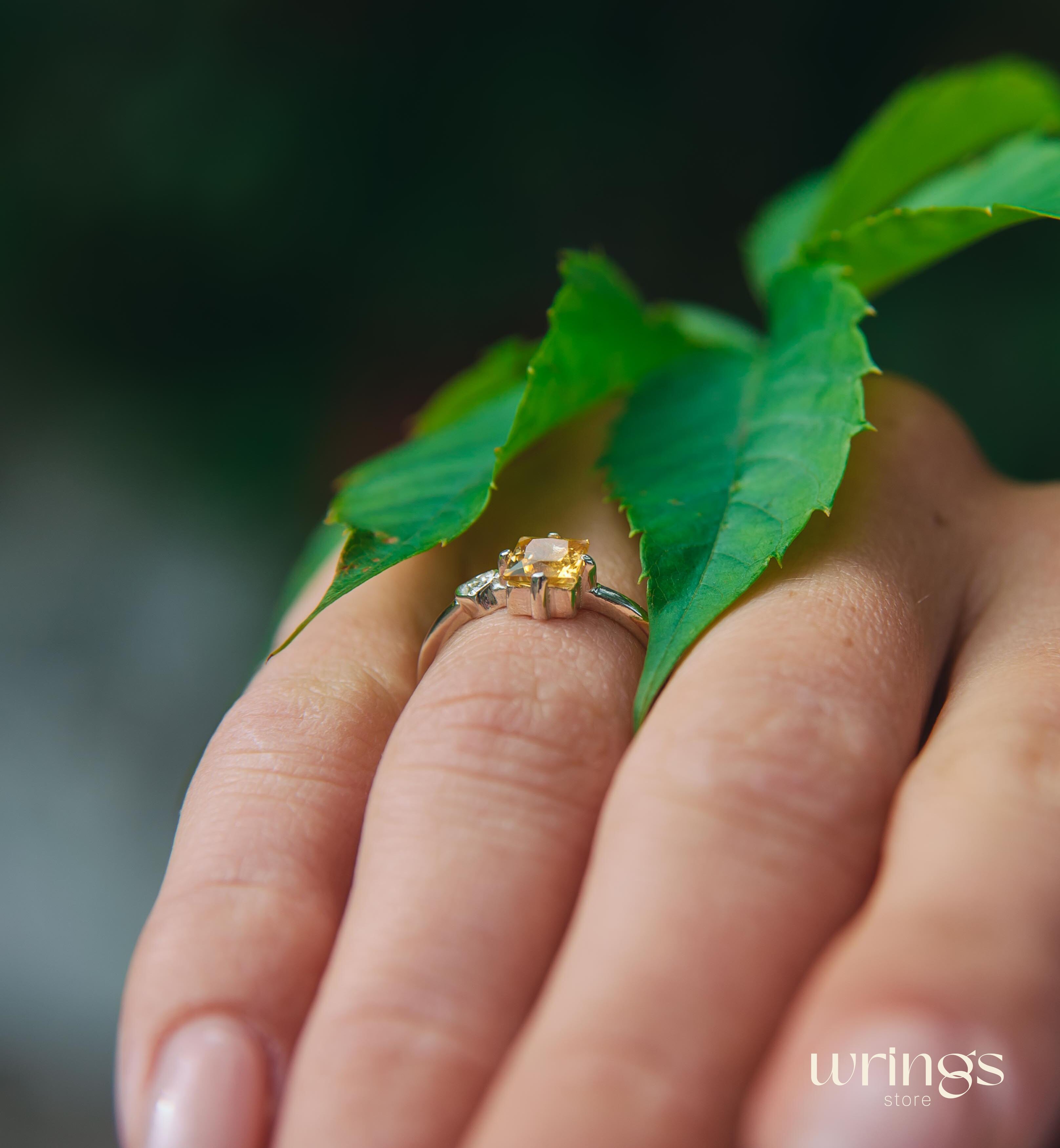 Square Citrine Silver Ring & White Stone in Side Heart