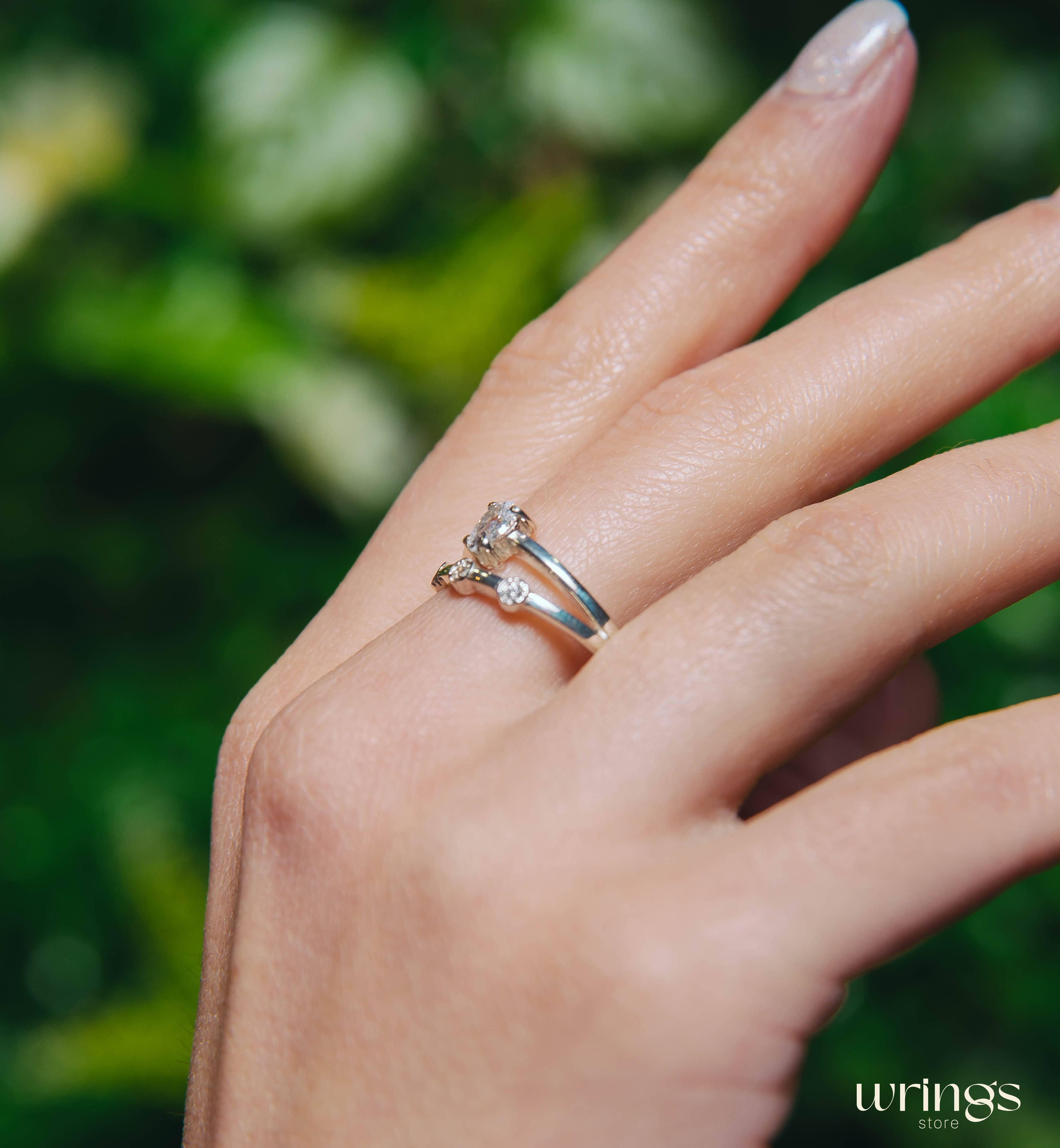 Pear Diamond CZ Double Engagement Ring Band Side Stones