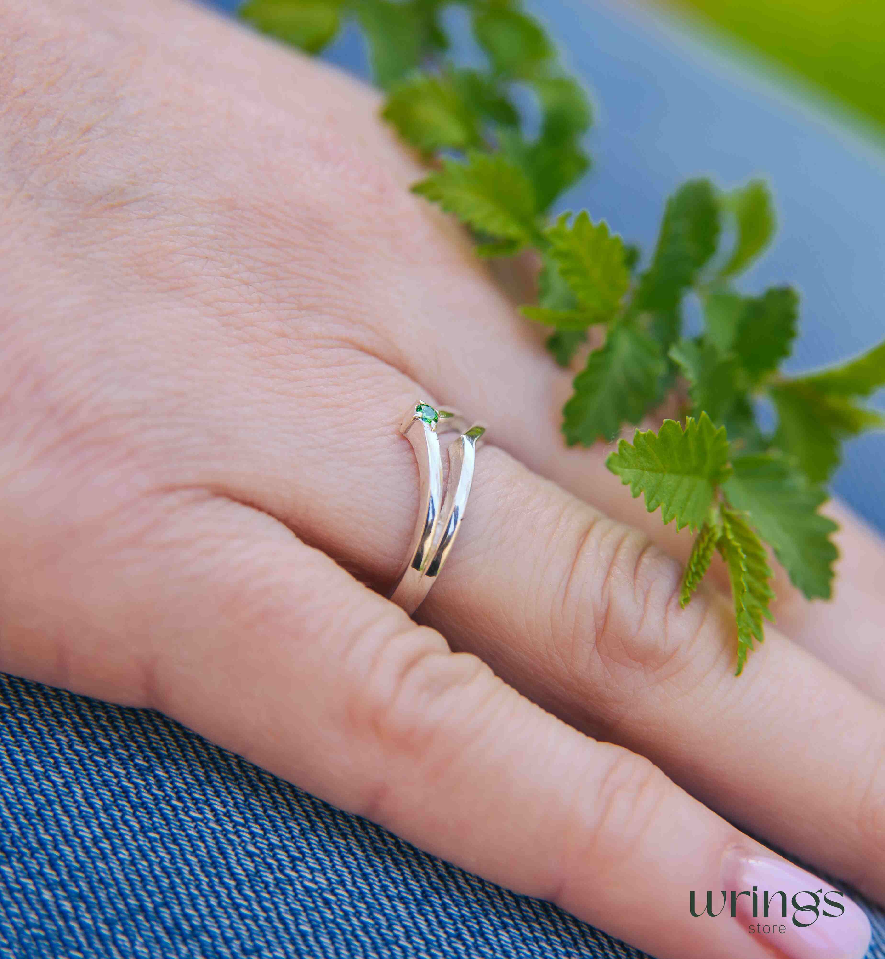 Small Emerald Double Chevron Wedding Ring Solid Silver