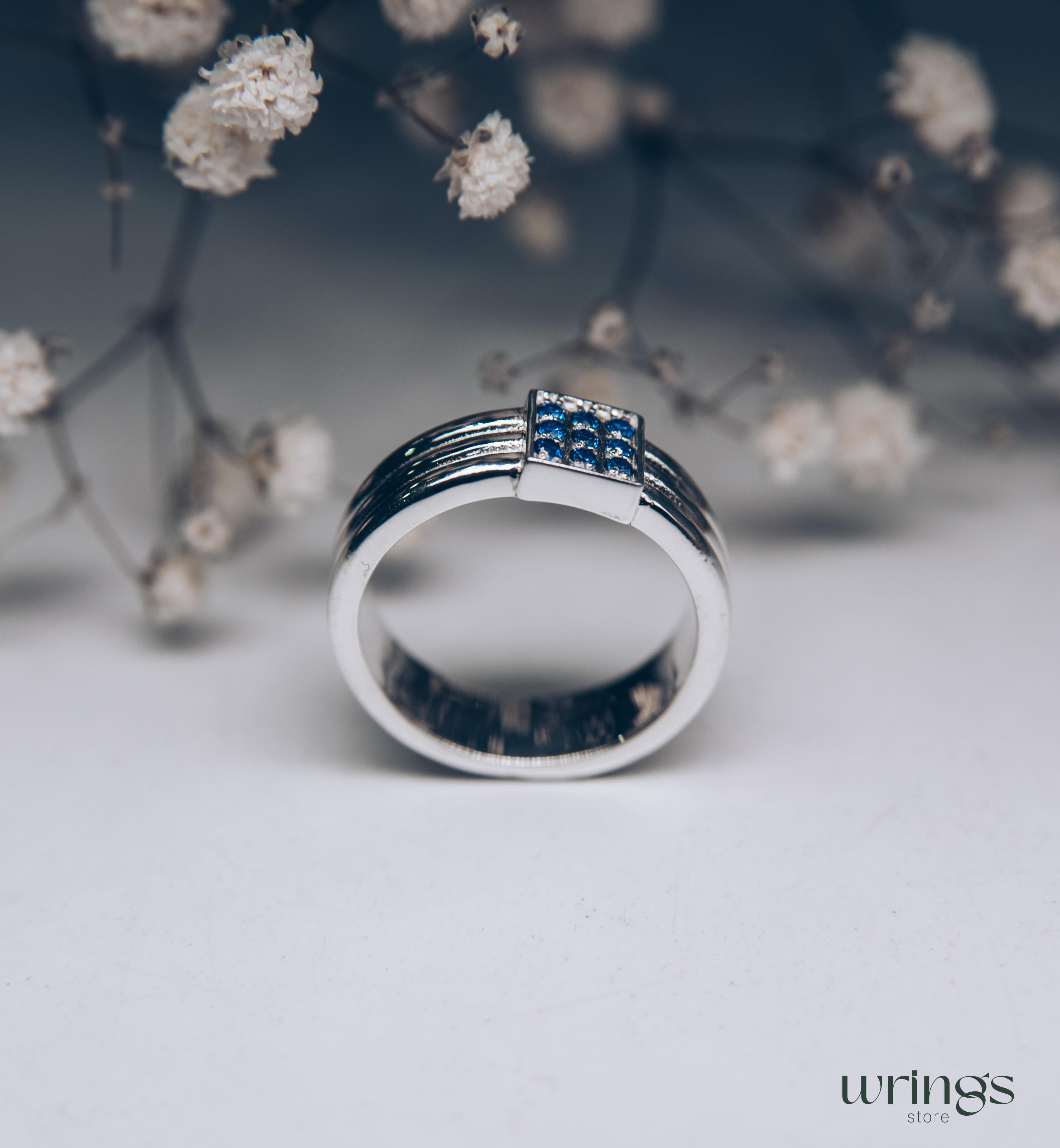 Thick Silver Wedding Band with Natural Blue Sapphires