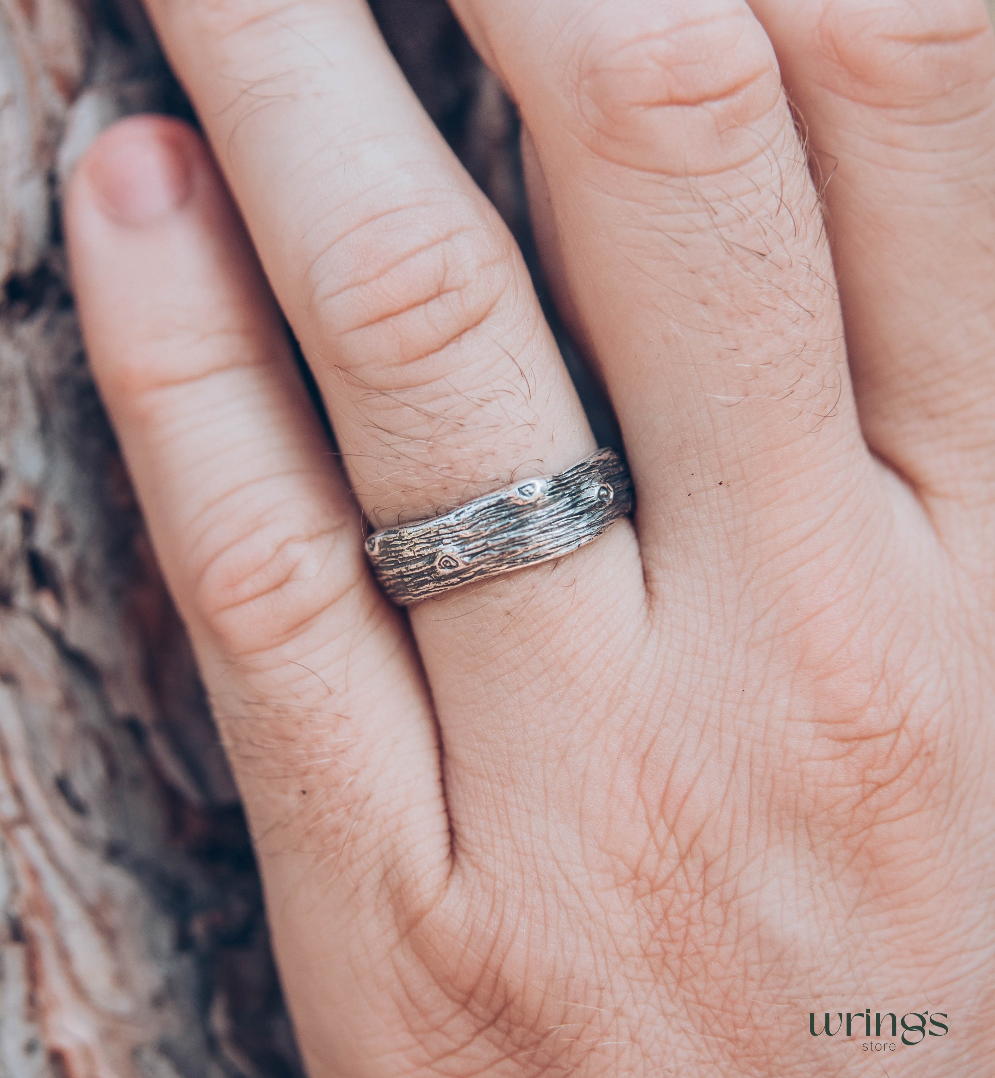 Unusual Tree bark and Stumps Silver Wedding Band Unisex