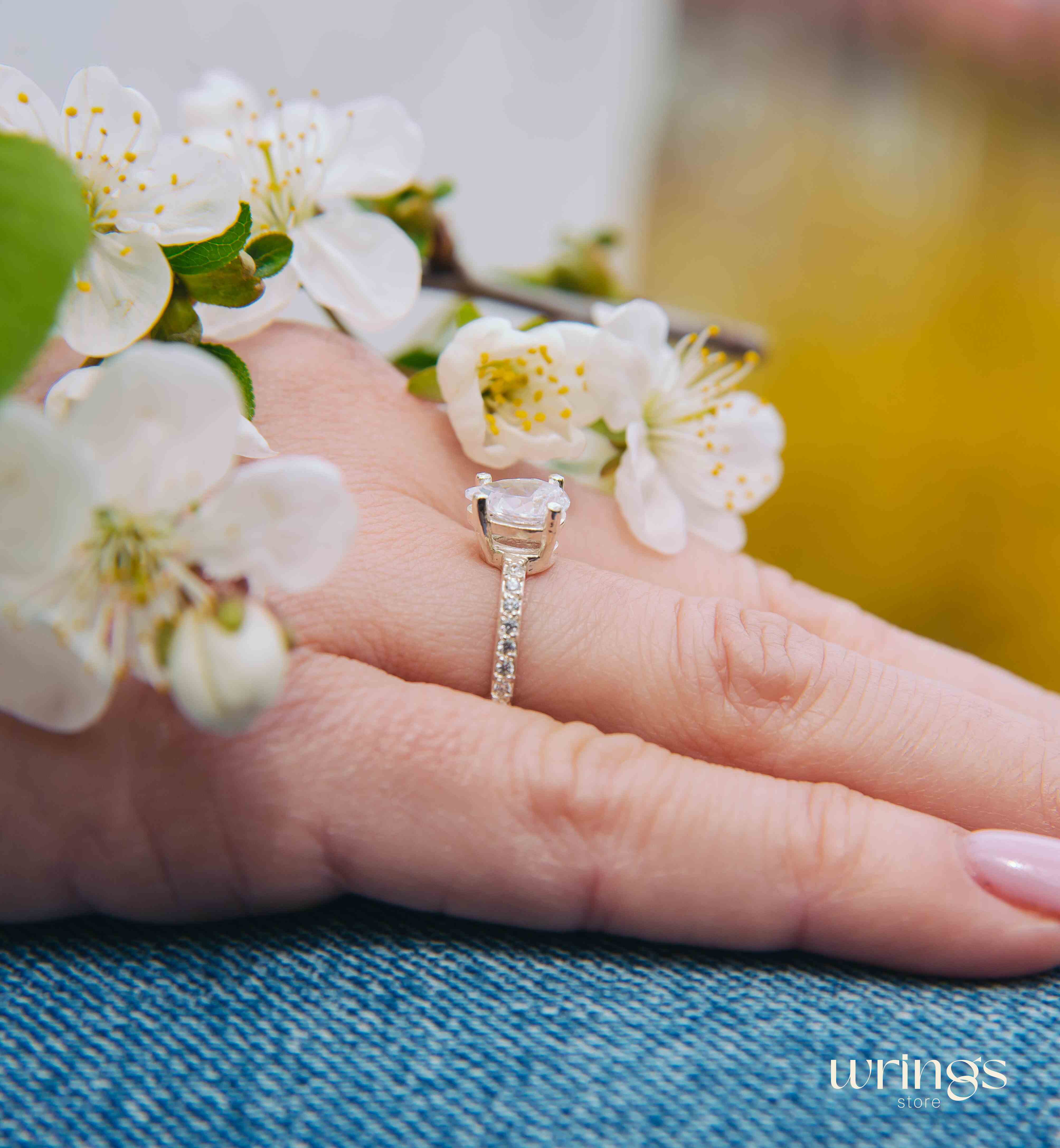 Large Pear White Stone & CZ Side Stones Engagement Ring