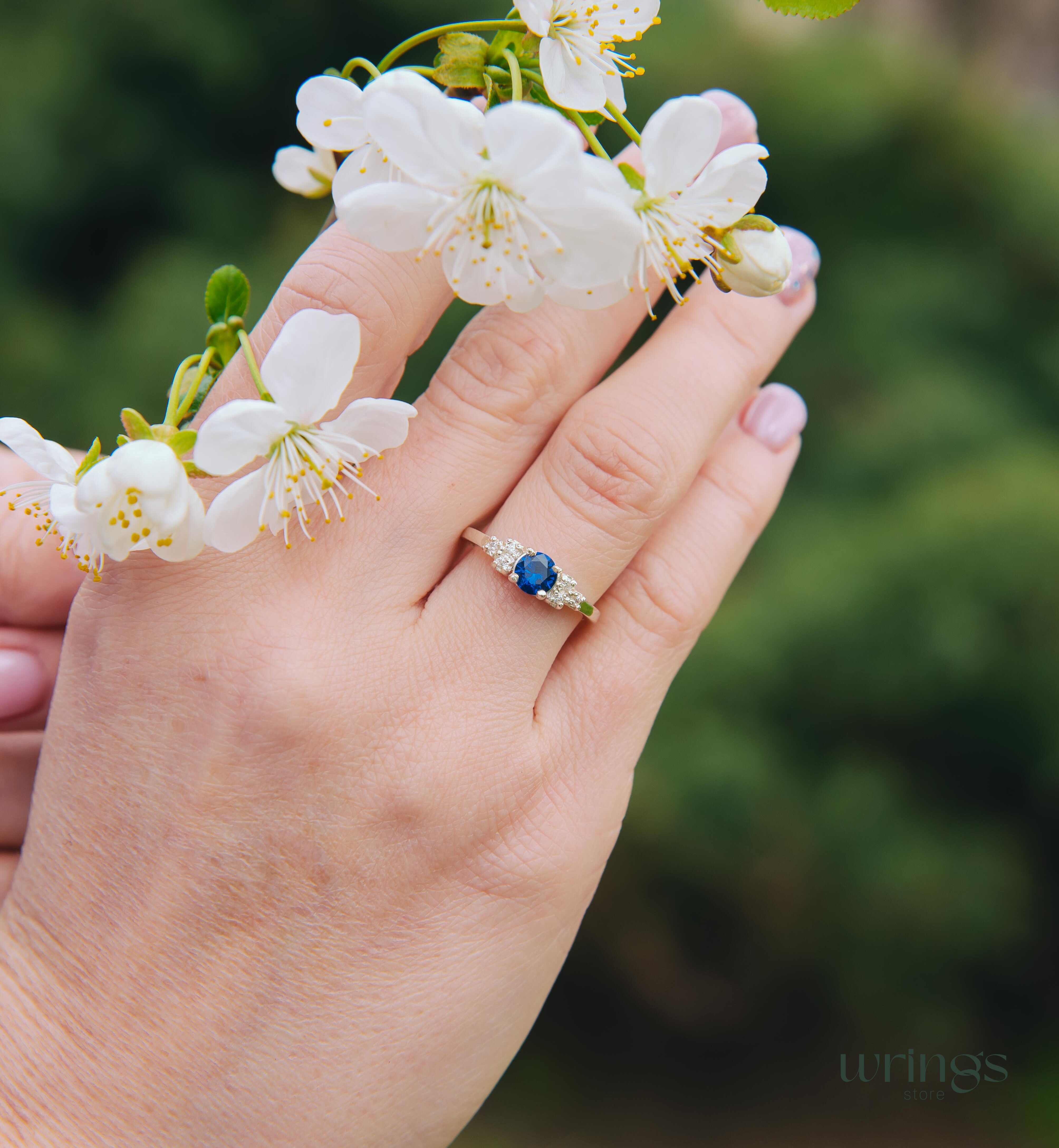 Simulated Sapphire Silver Ring - Cluster Side Stones