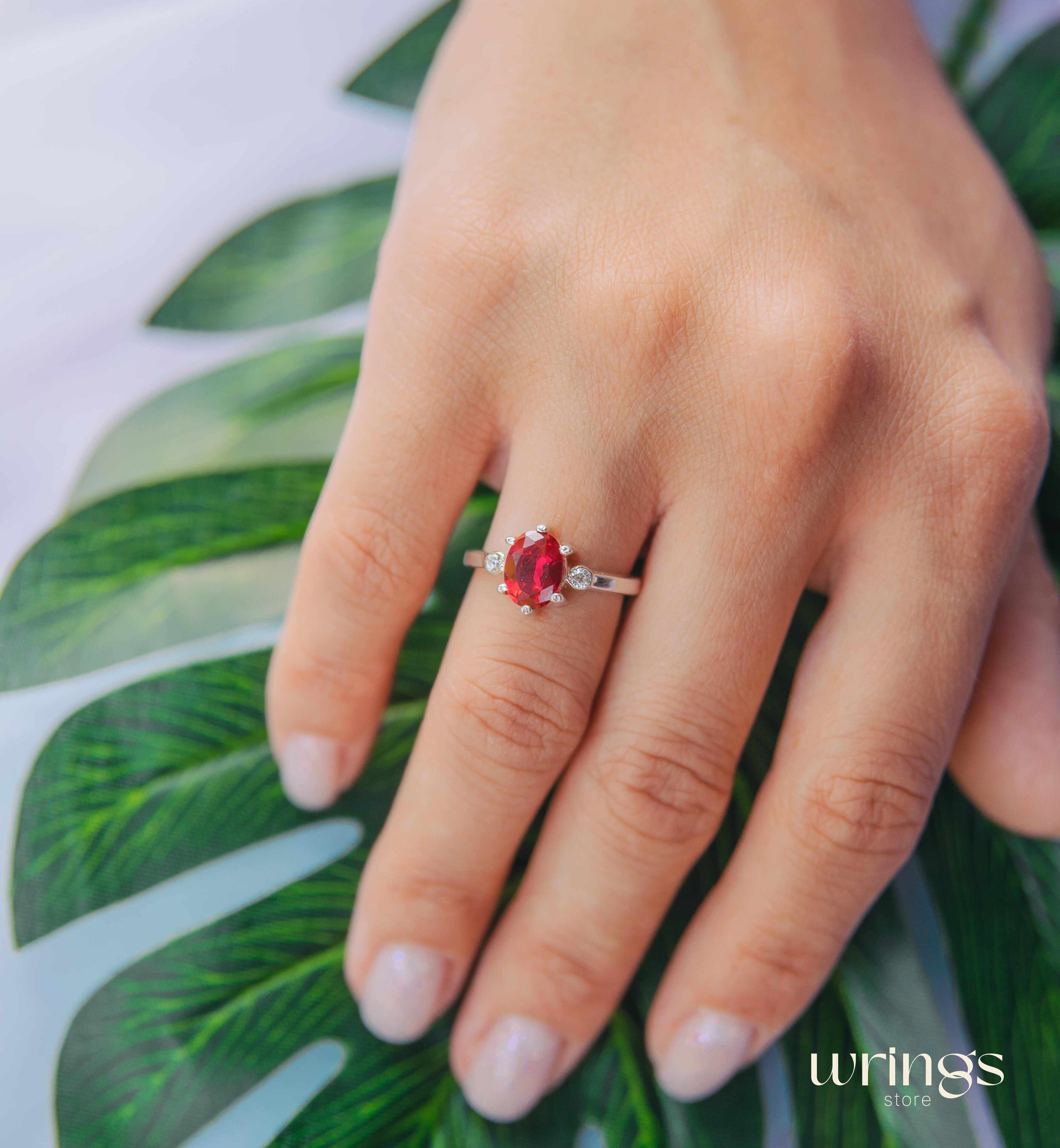 Large Oval cut Red Stone Silver Cocktail Ring & Side Stones