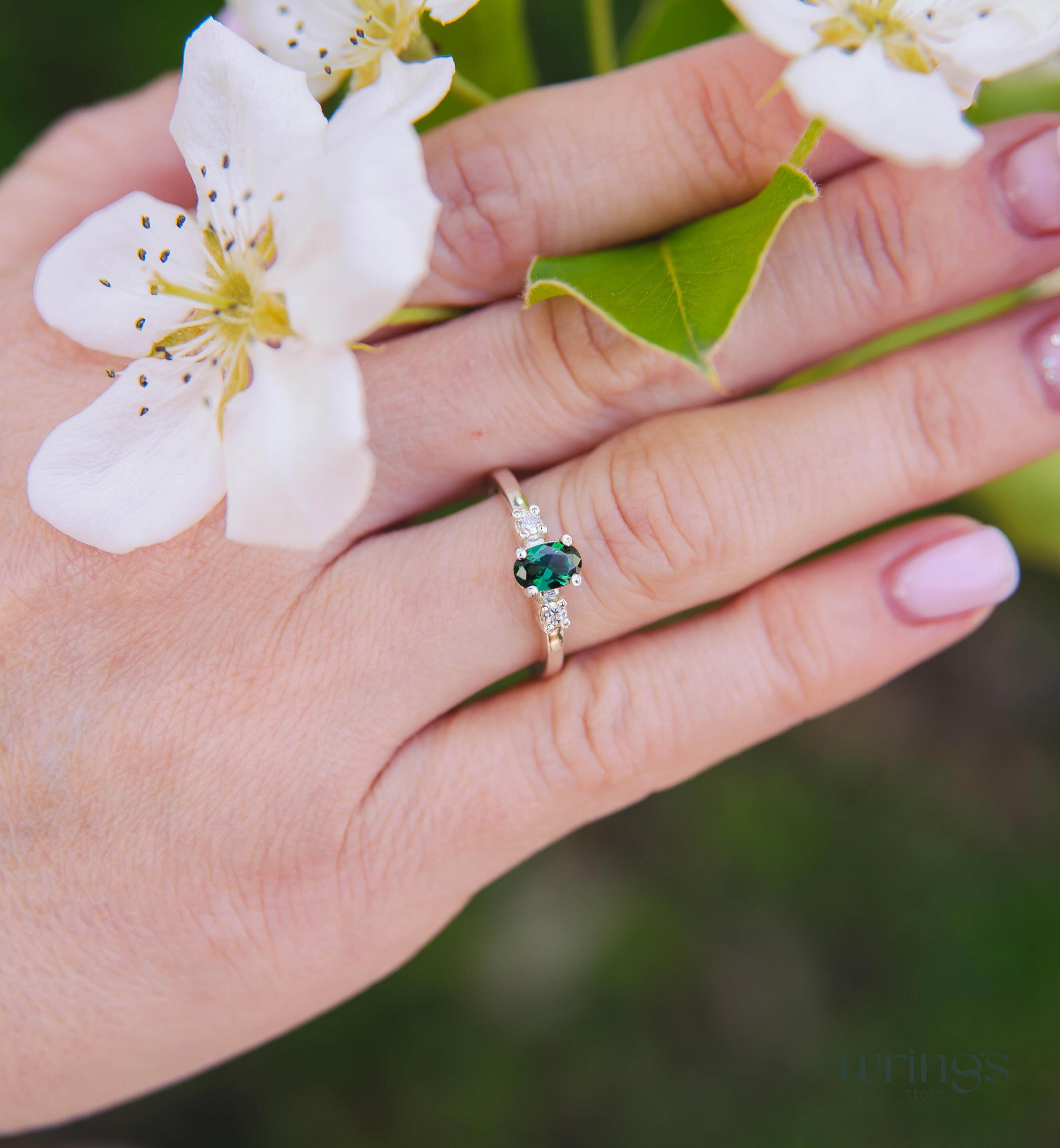 Vertical Oval LG Green Tourmaline Ring & Side Stones