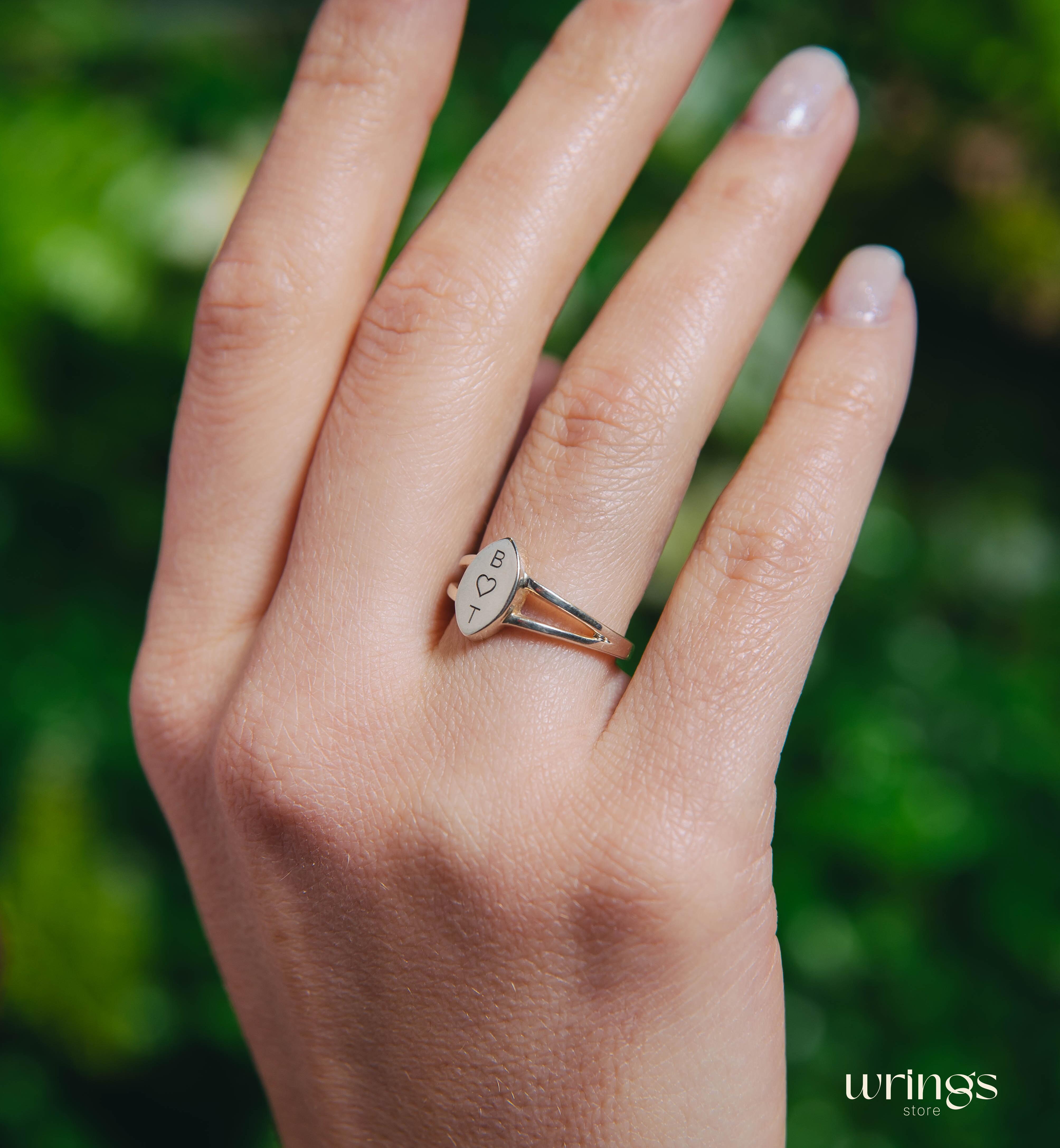 Womens Signet Ring Silver Minimalist Couple Initials