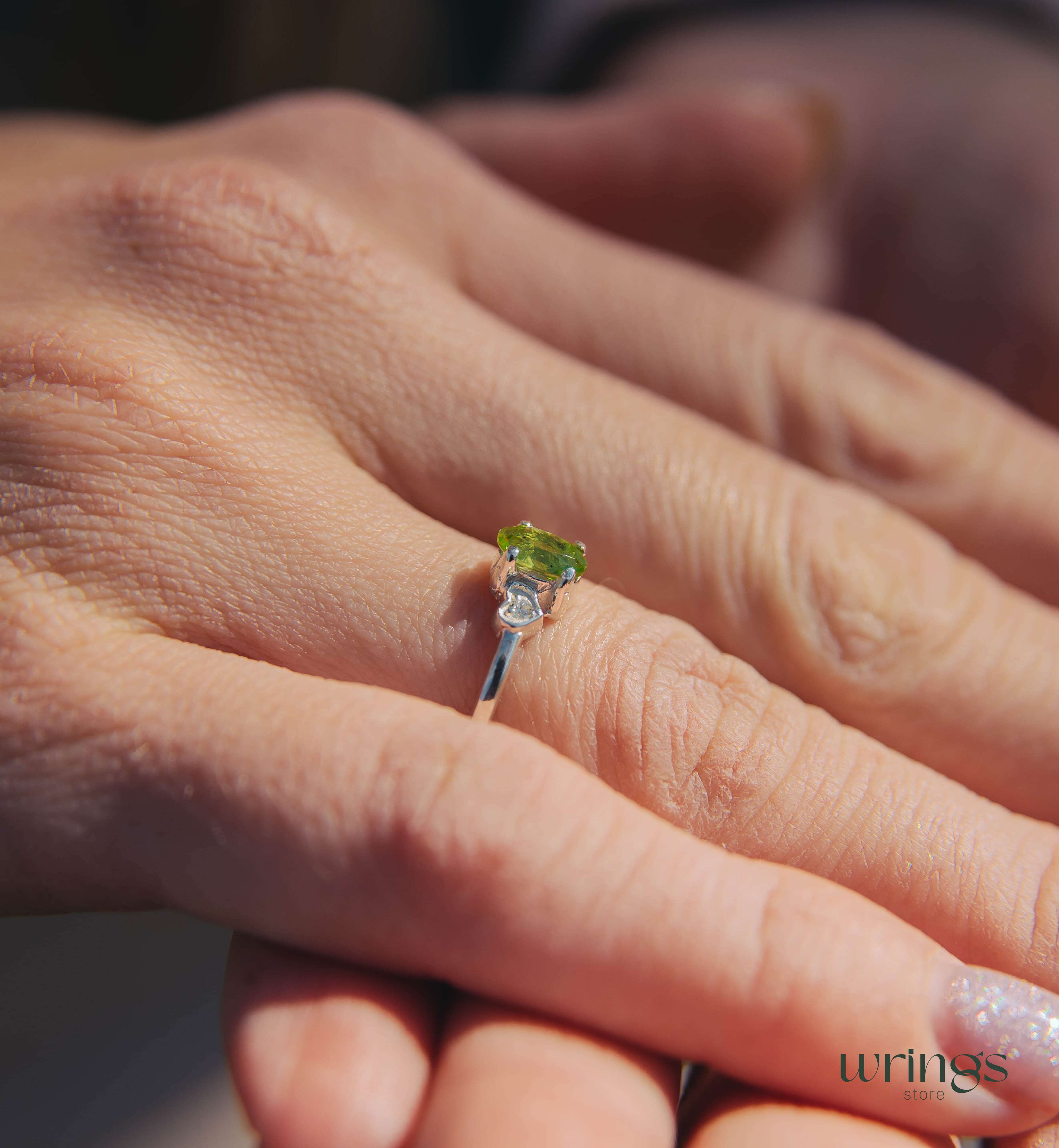 Vertical Oval Peridot Engagement Ring Silver & Heart