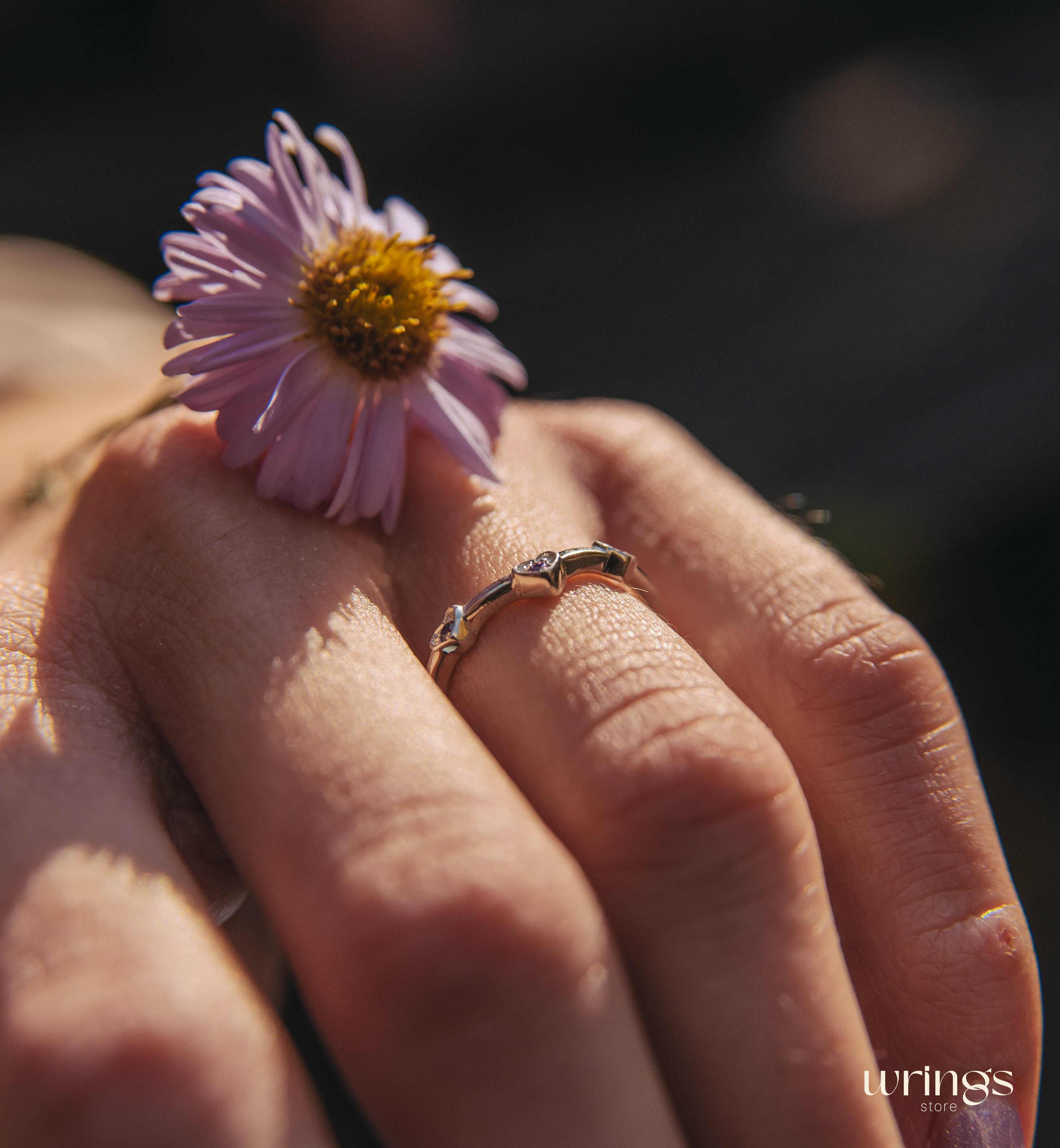 Three Hearts with Amethysts Silver Curved Ring