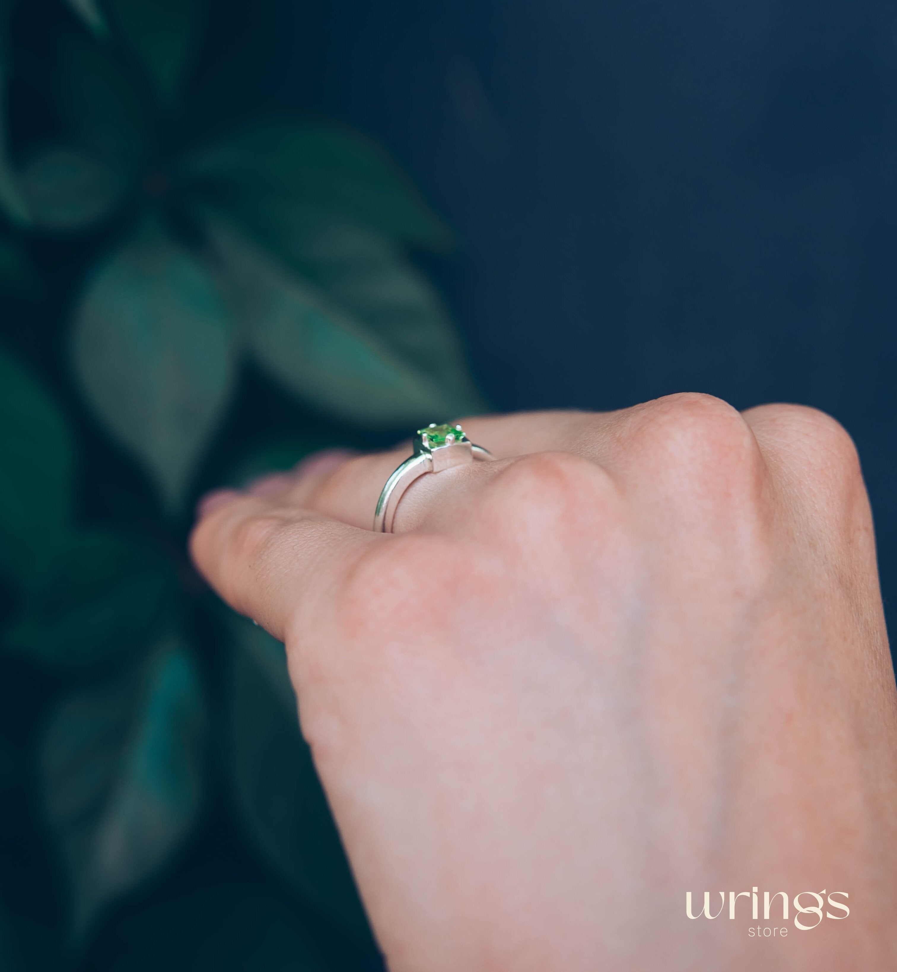 Square Peridot Simple Silver Engagement Ring