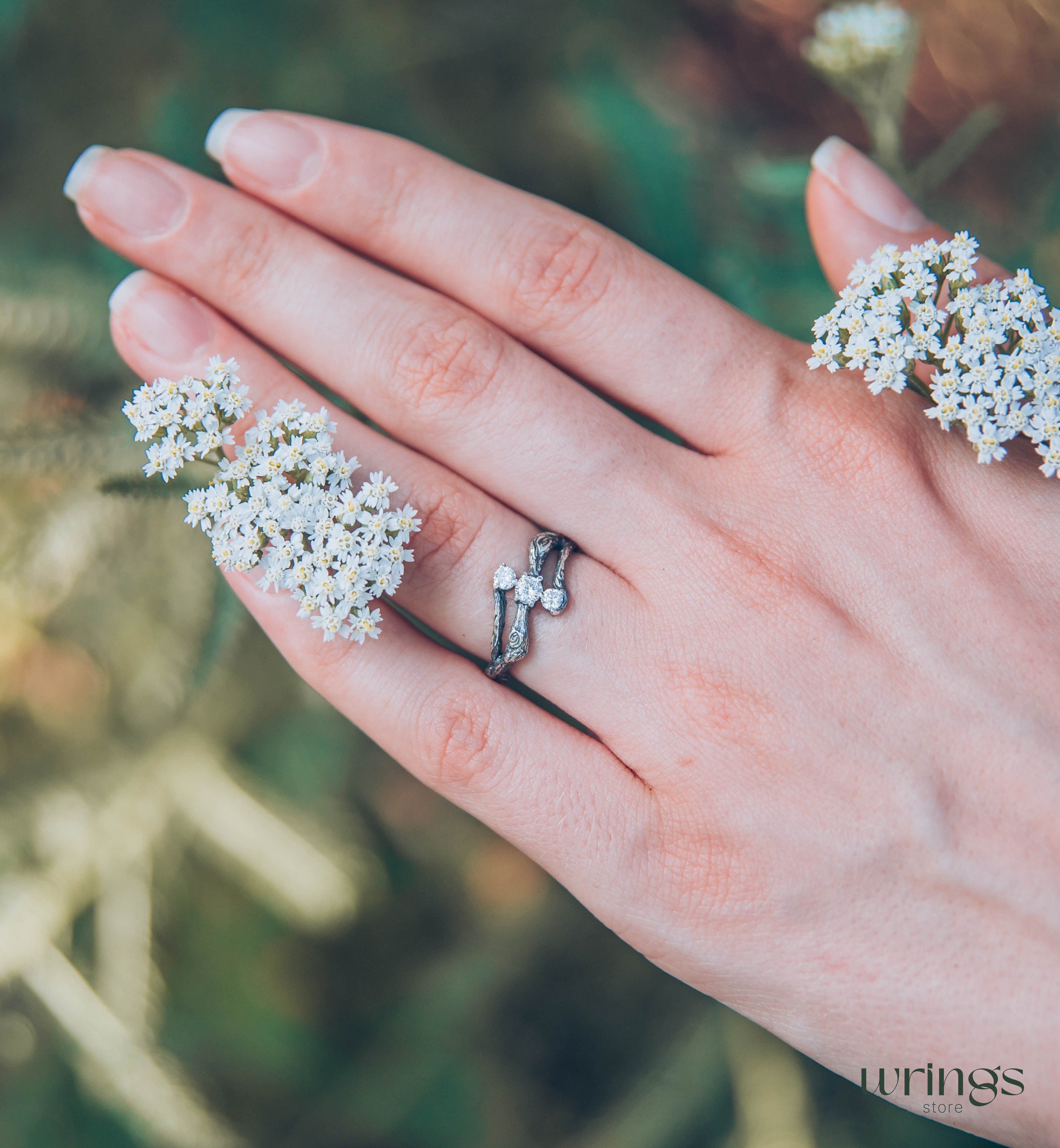 Three Stones on a Three Silver Twigs Cute Engagement Ring