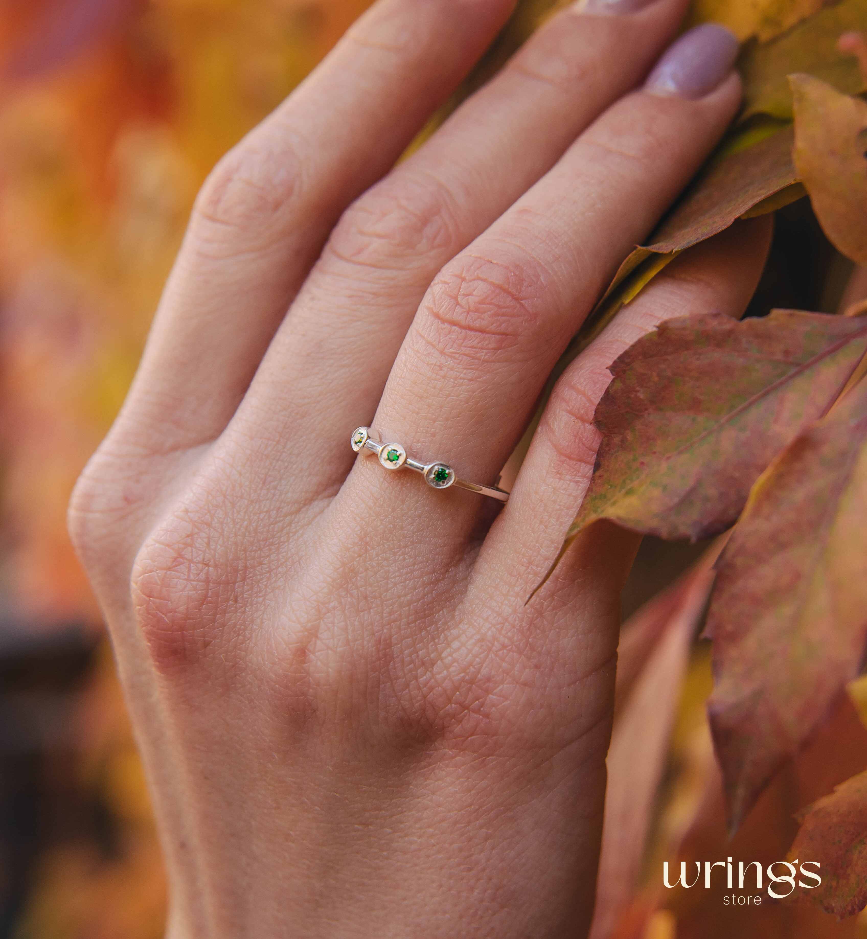 Dainty Emeralds in 3 Small Dots Silver Stackable Ring