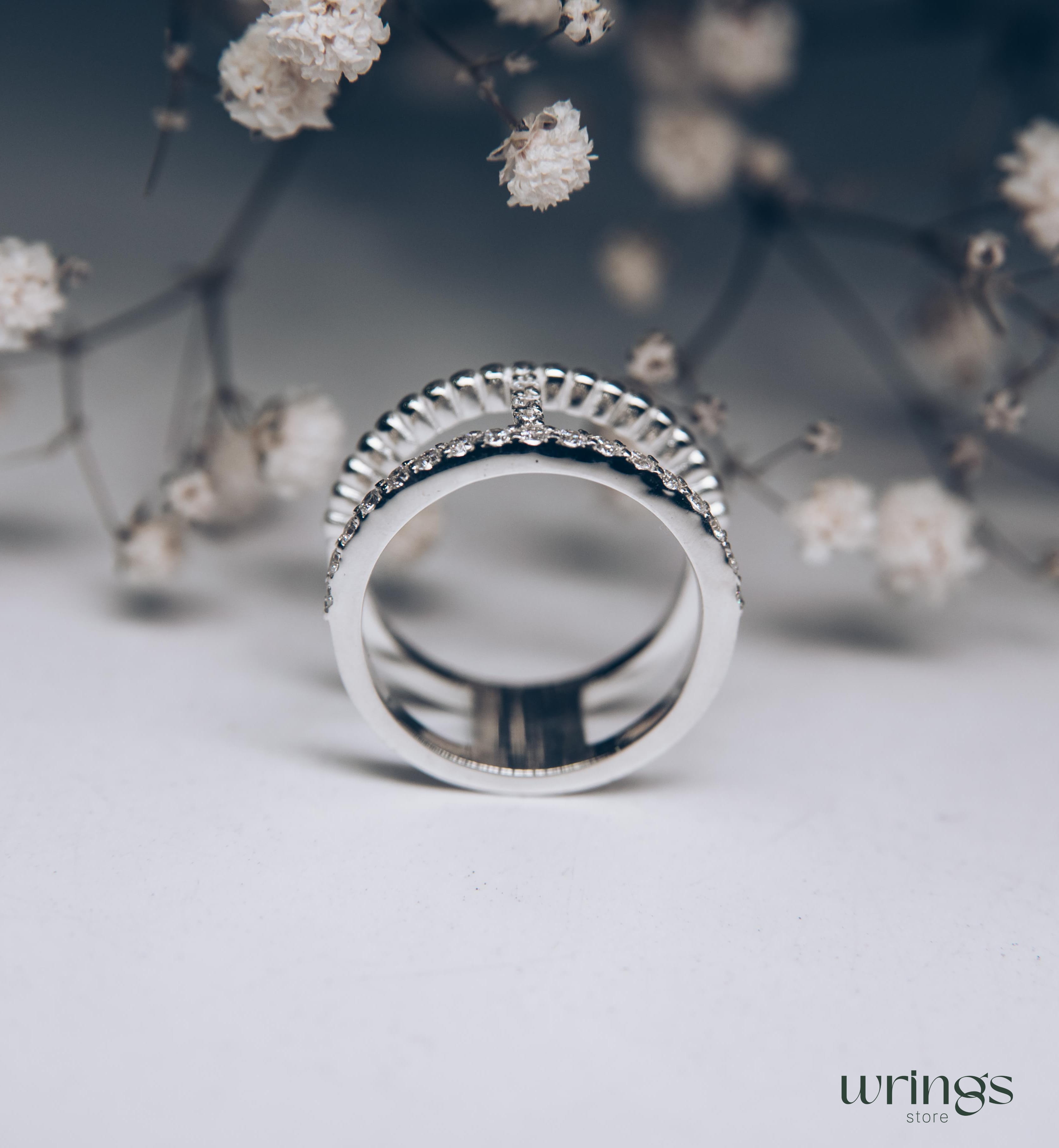 Double Band Statement Ring Diamonds and Beaded Style