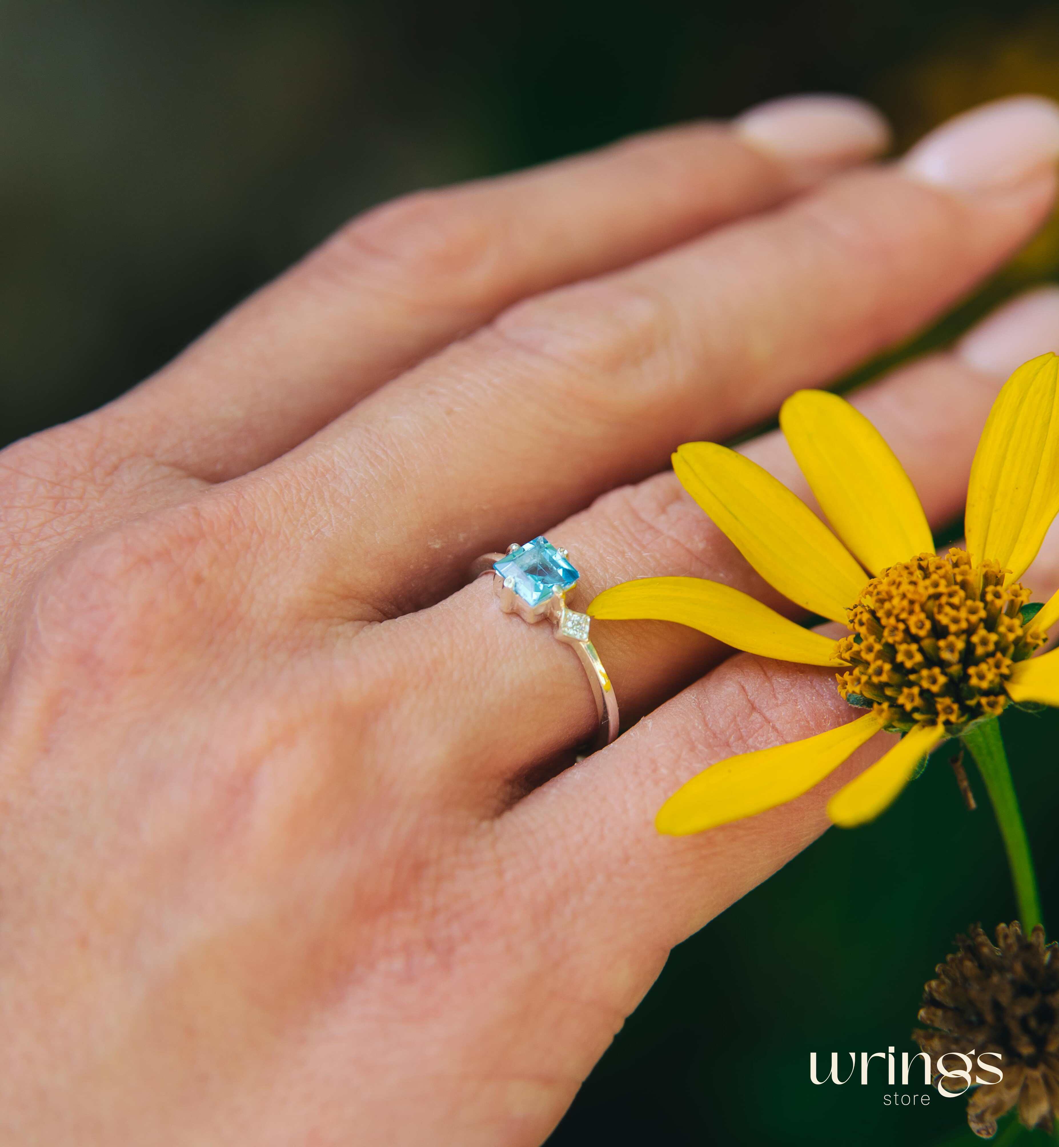 Square Swiss Topaz Ring Silver Side White Stone CZ