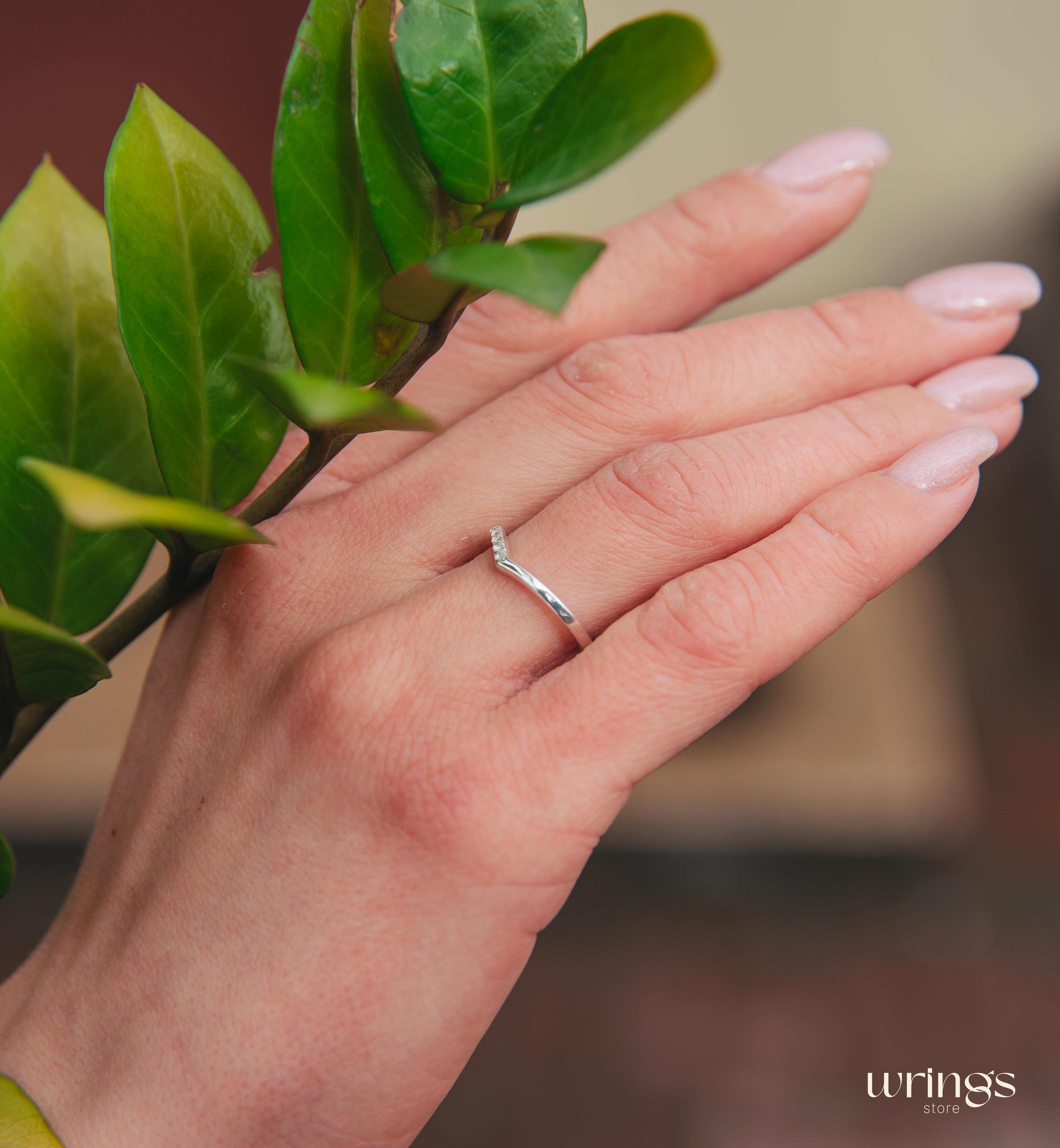 Curved Chevron Diamond Wedding Band Sterling Silver