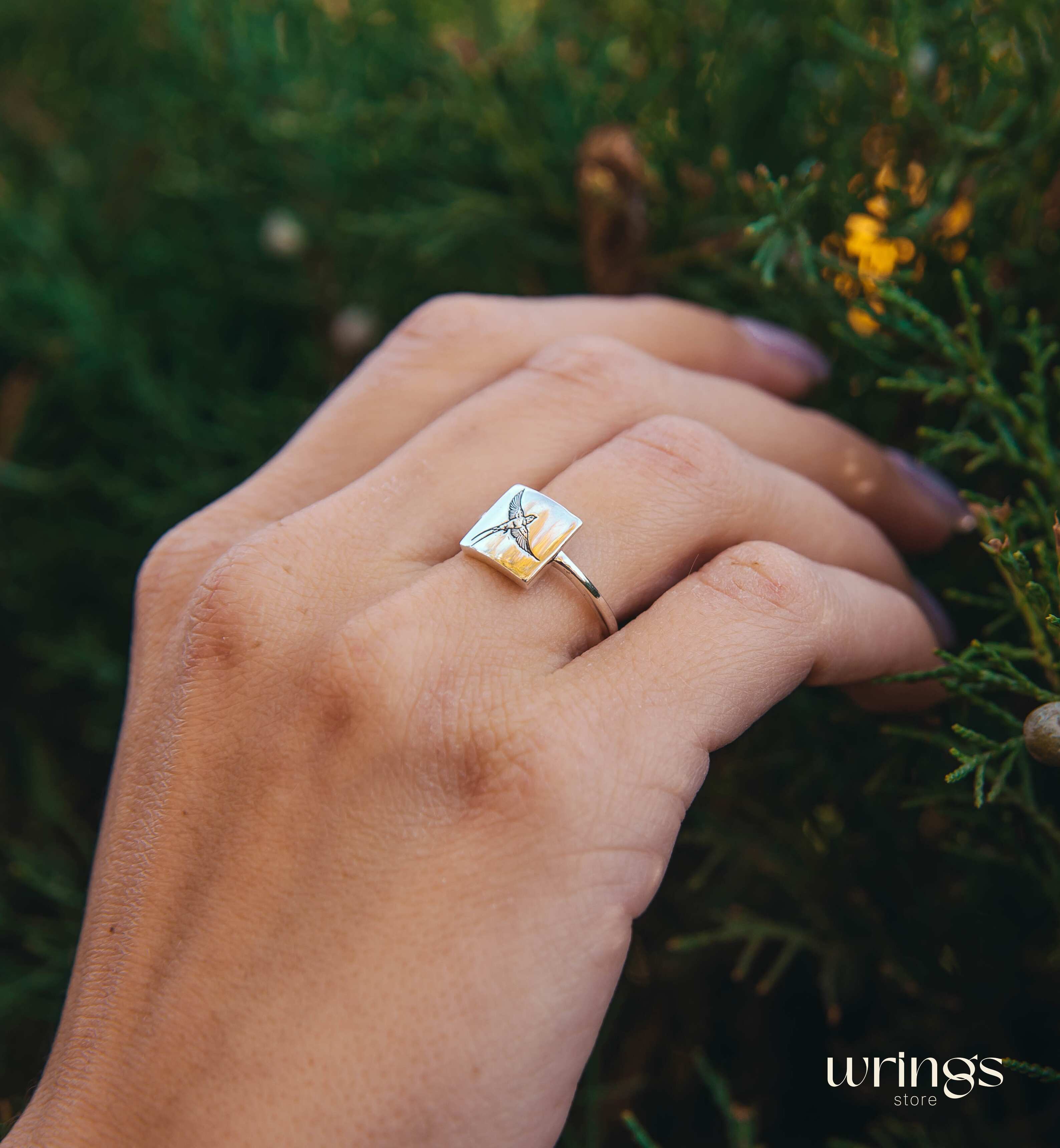 Engraved Swallow Bird Square Silver Signet Ring Womens