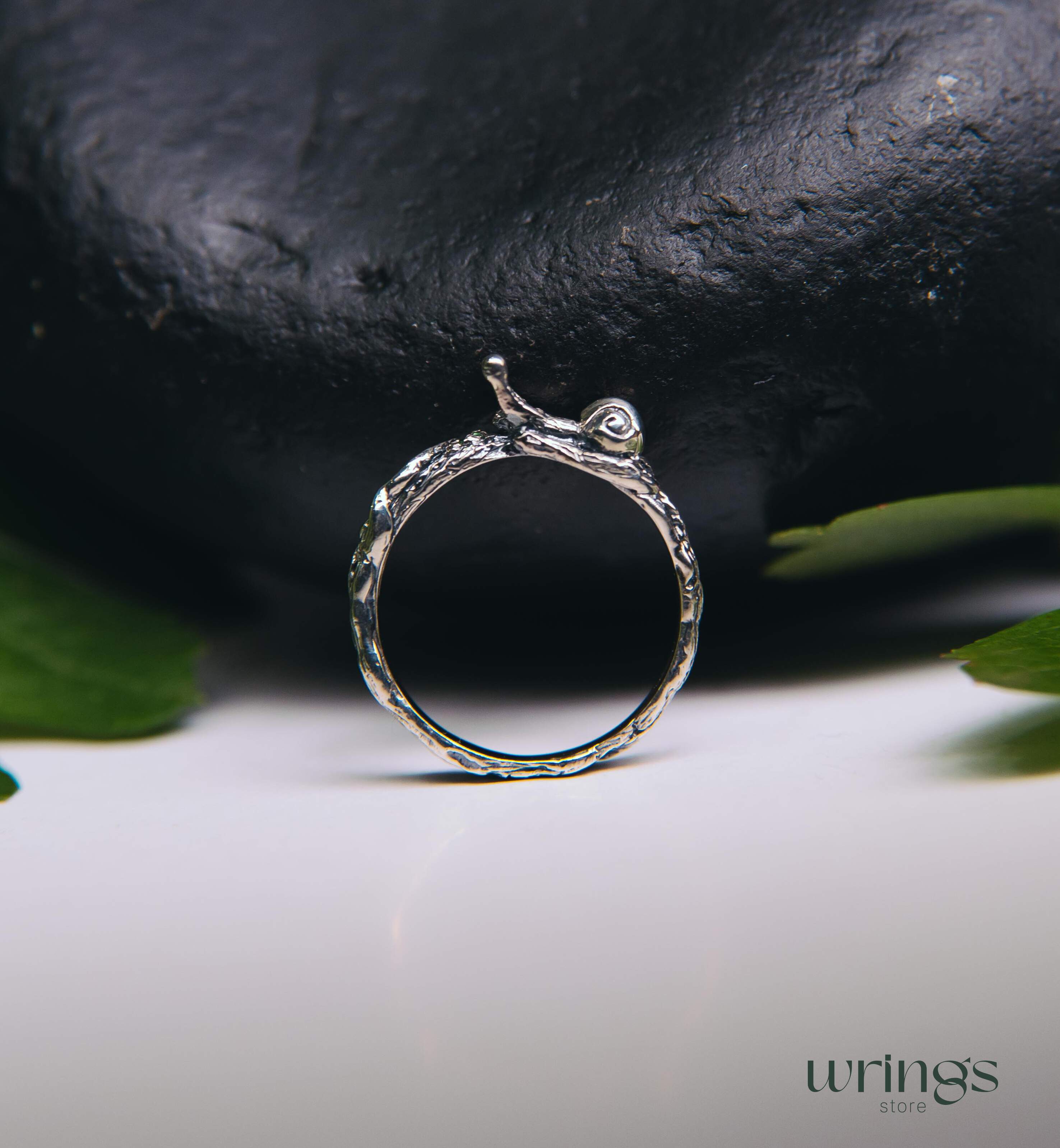 Snail on a Tiny Silver Twig with Leaf Emerald Ring