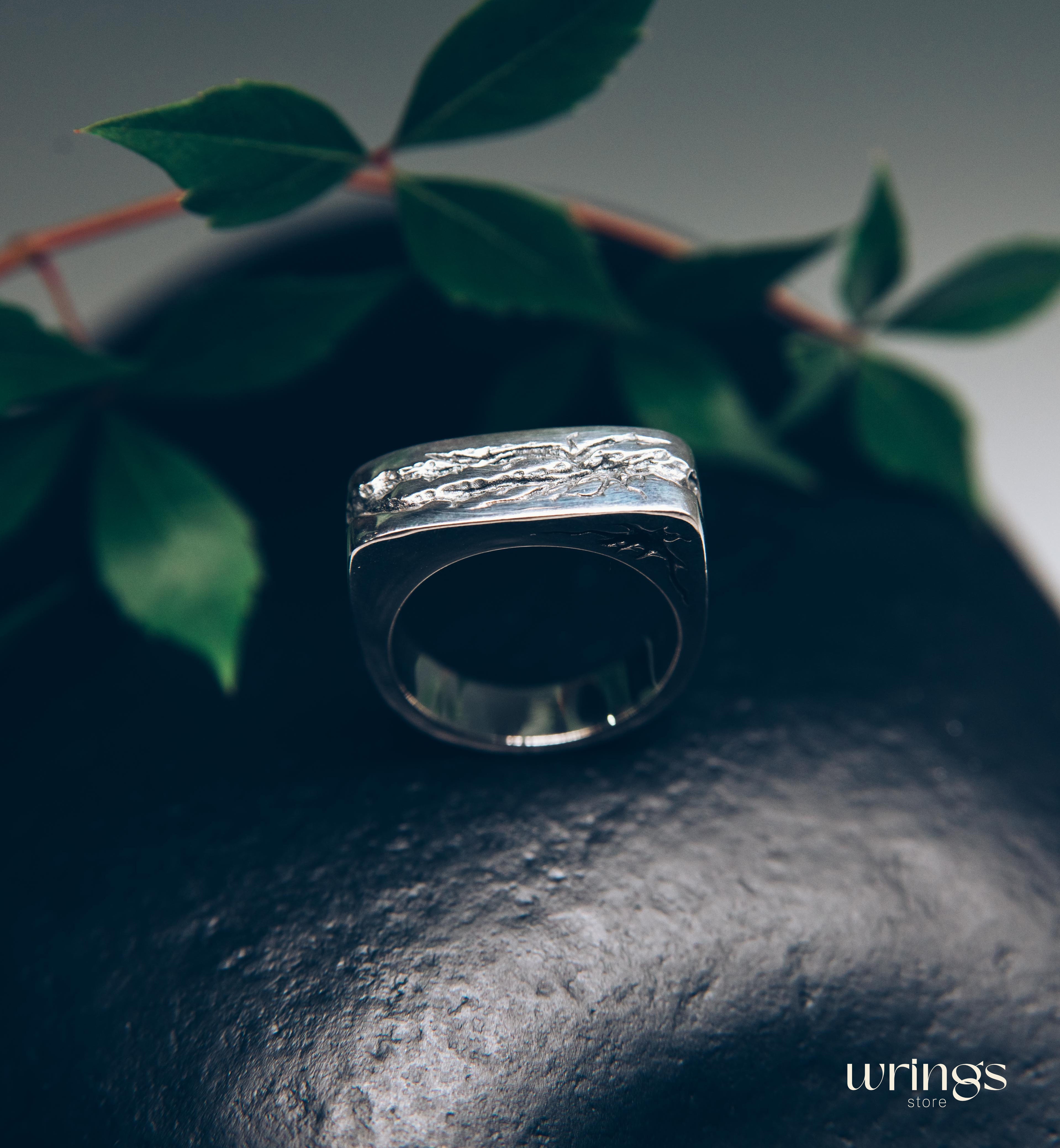 Large and Heavy Damaged Style Flat Solid Silver Ring