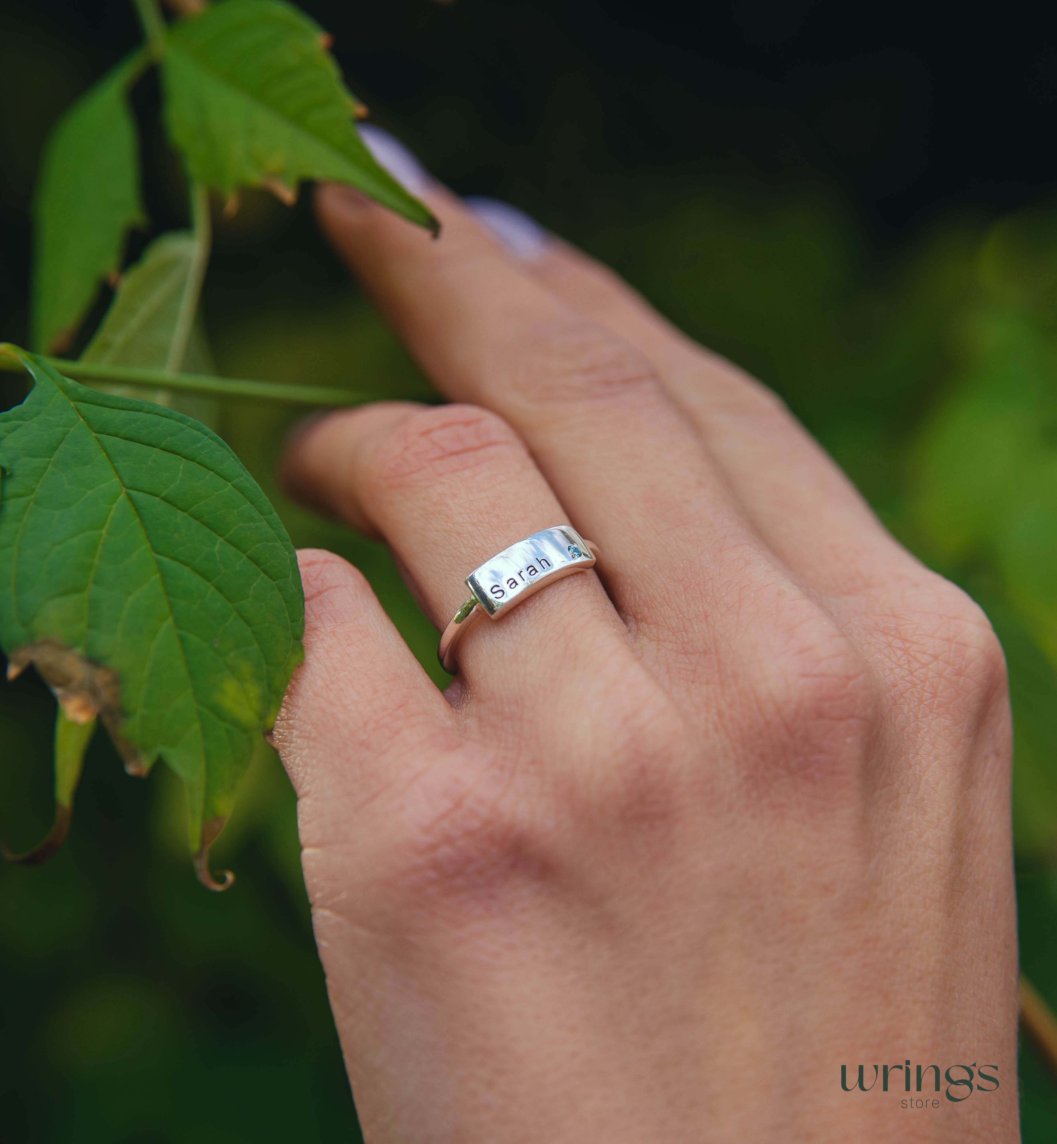 Personalized Silver Name Ring "Sarah" - Topaz & Flat Band