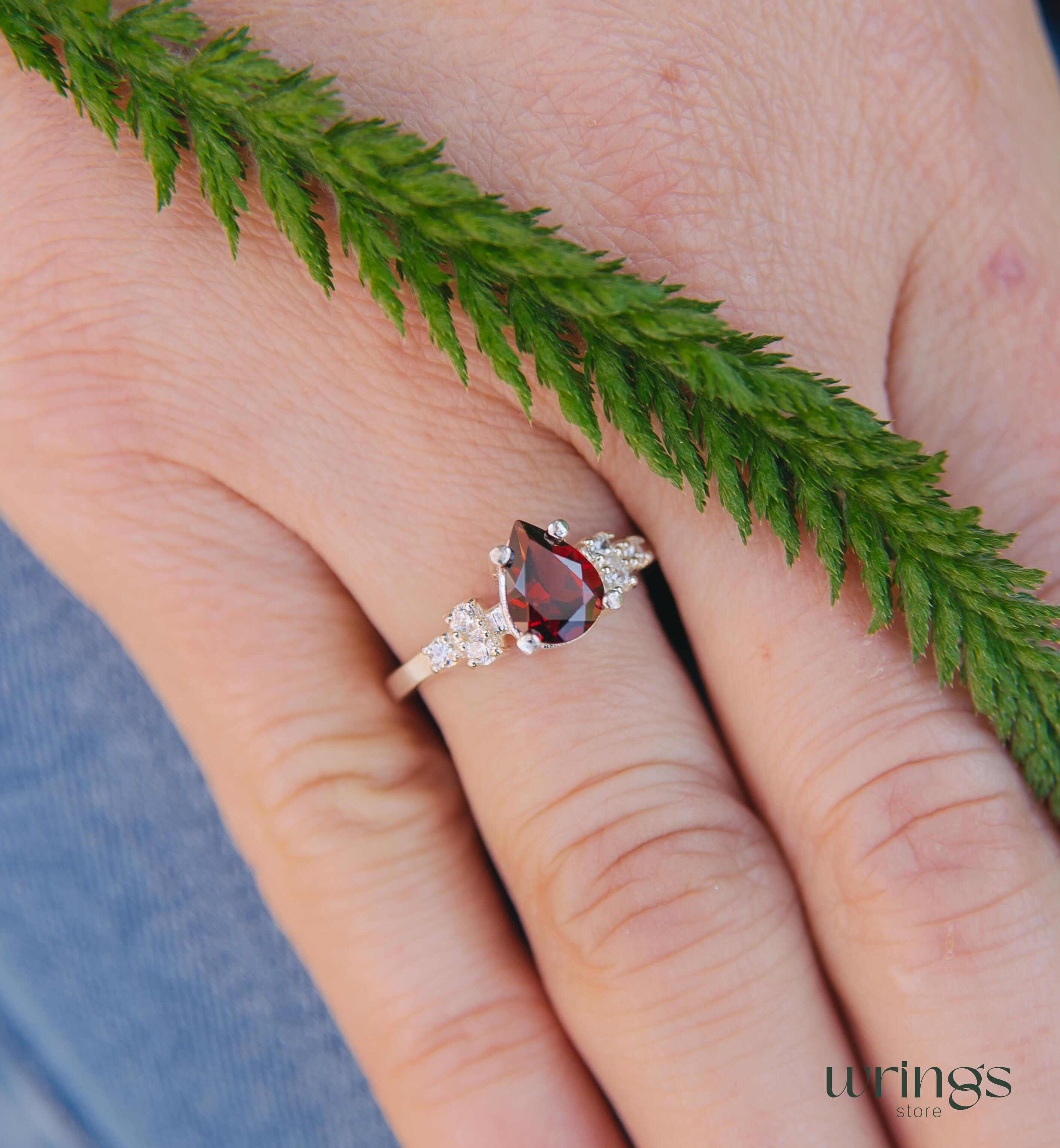 Large Red Pear cut Garnet Cluster Cocktail Ring Silver