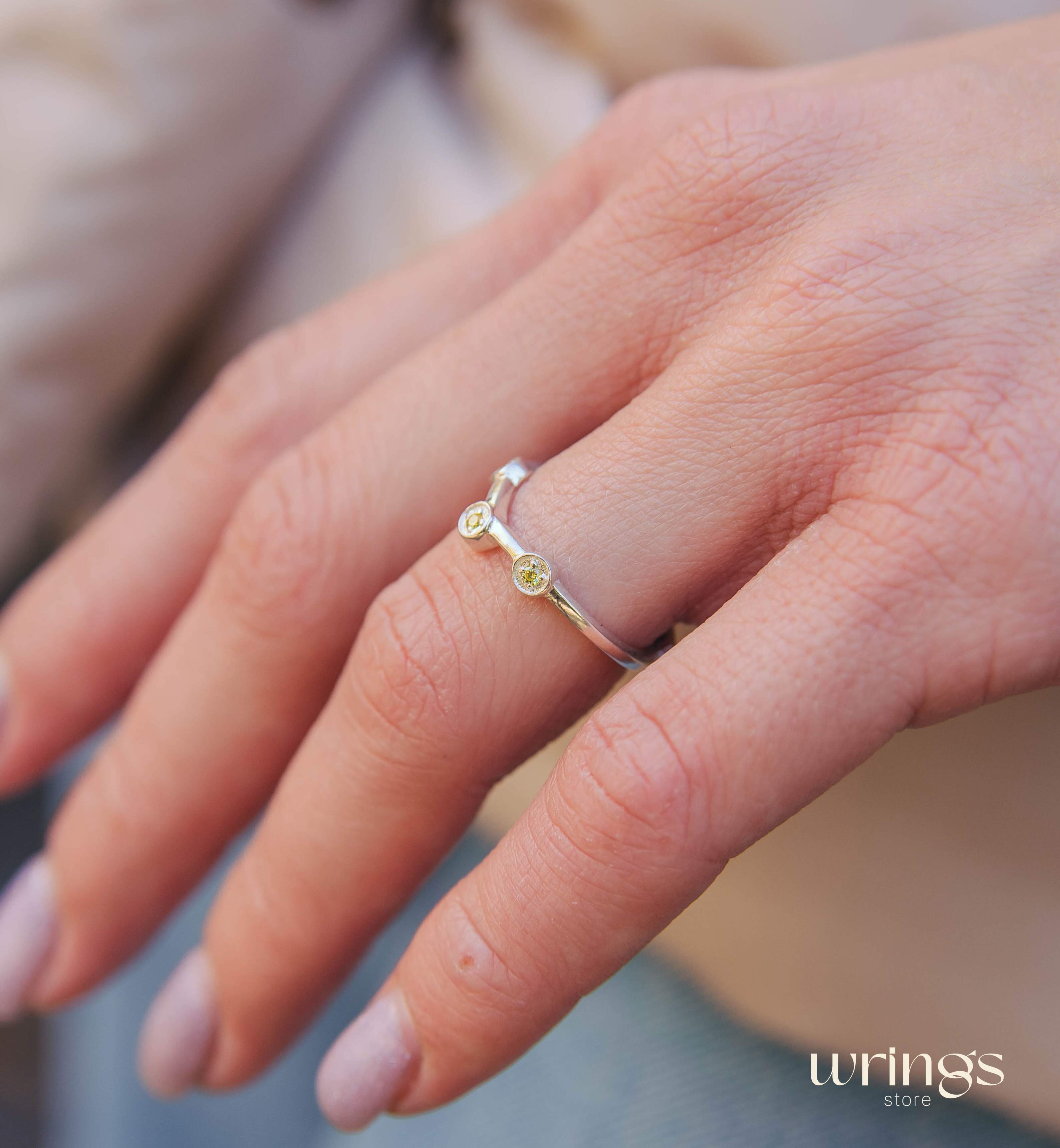 Cute Citrines in 3 Small Dots Silver Curved Ring