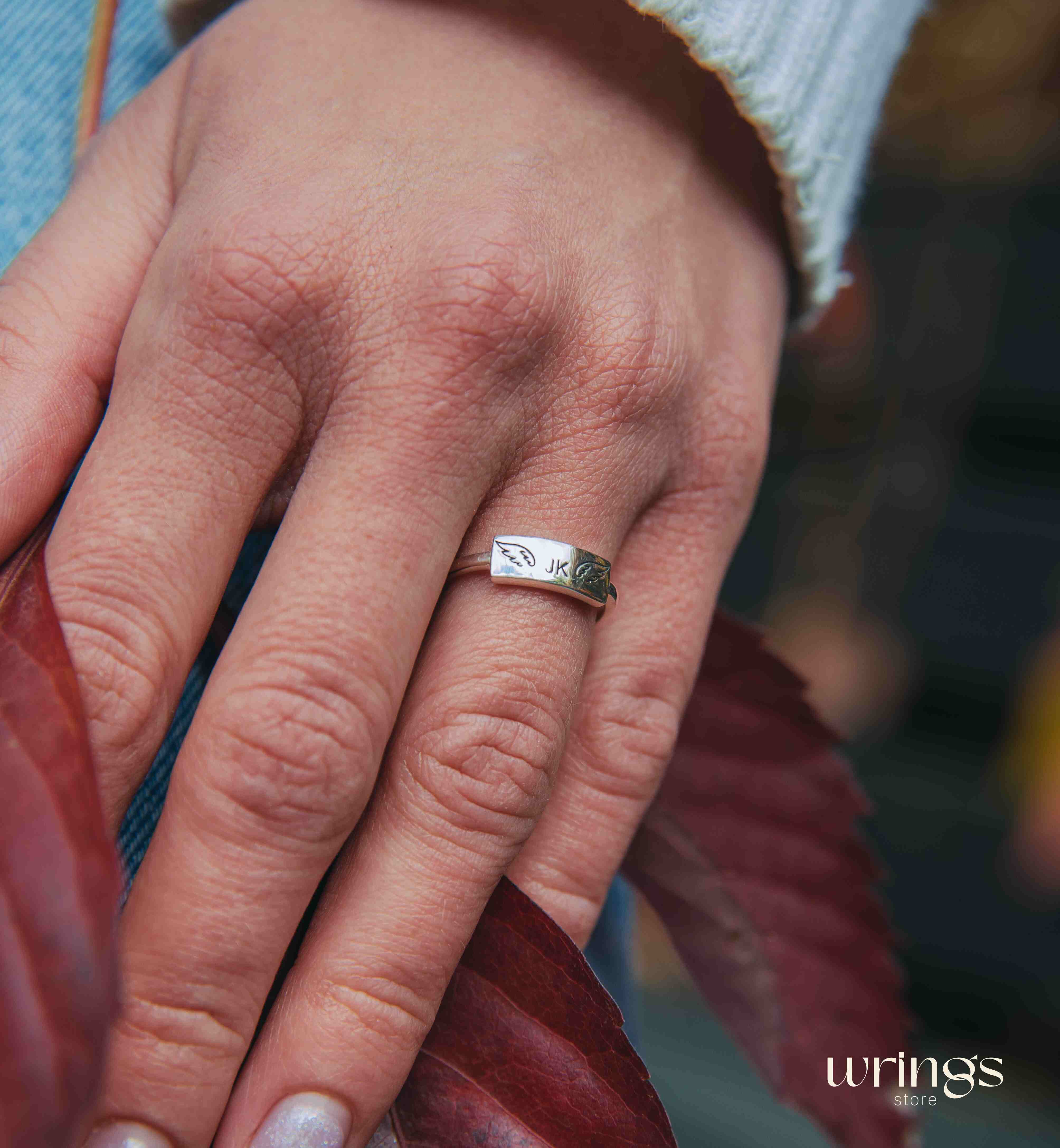 Silver Flat Top Initial Ring Engraved Wings & Lettets